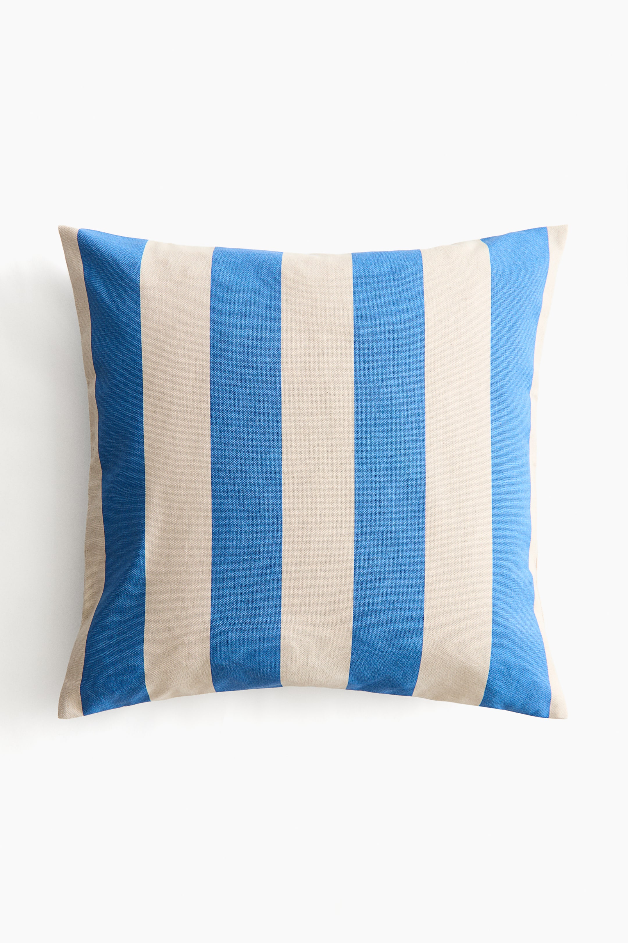 View larger image: A rectangular cushion is showcasing its front, displaying alternating vertical stripes in blue and off-white woven fabric.