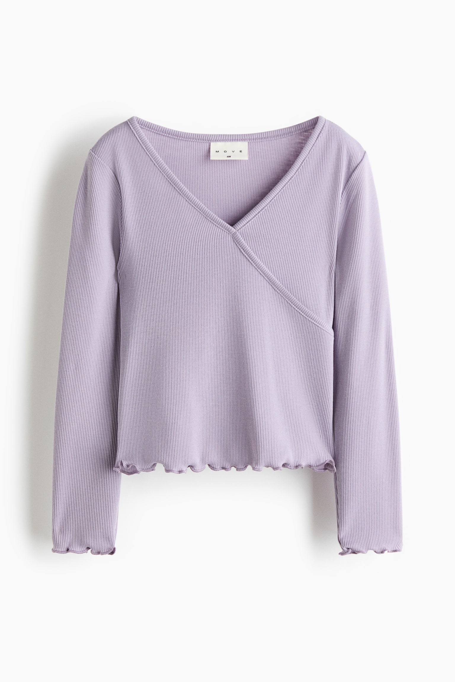 A light purple regular-fit sports top showcasing a V-shaped neckline and a sewn-in wrapover front. It features a ribbed texture with overlocked, wavy edges on its long sleeve cuffs and bottom hem, presented flat from the front. - 1