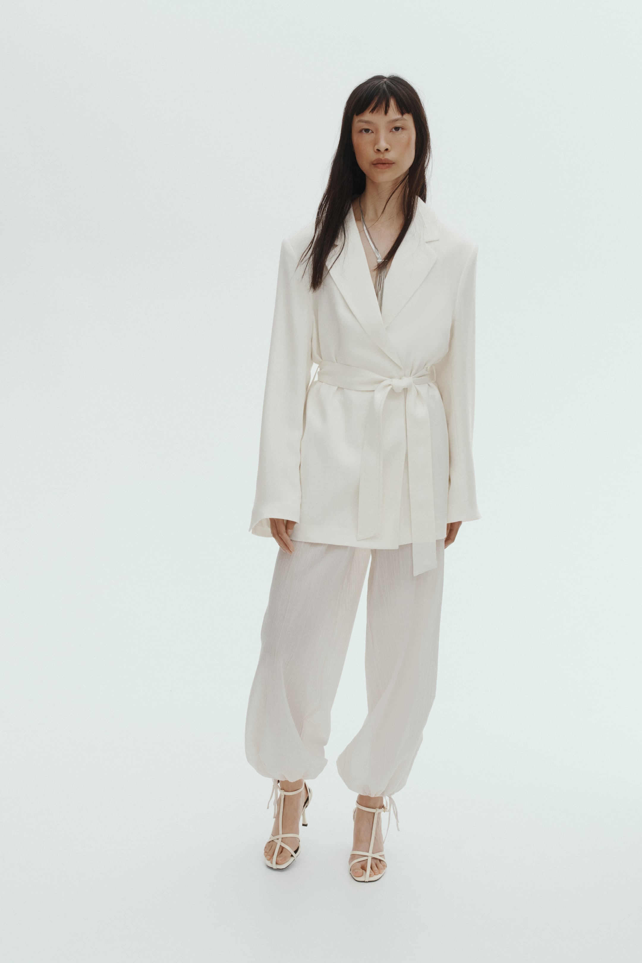 Textured-Weave Tie-Belt Blazer