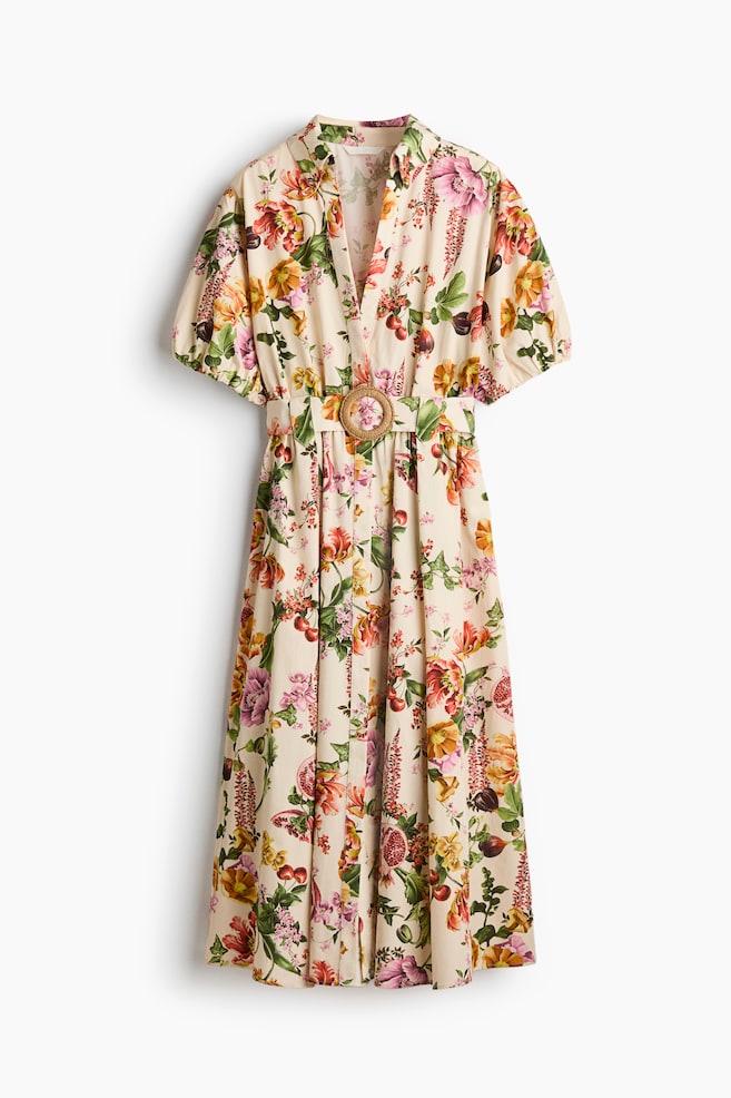 Vestido camisero de algodón con cinturón - Beige claro/Floral - 1