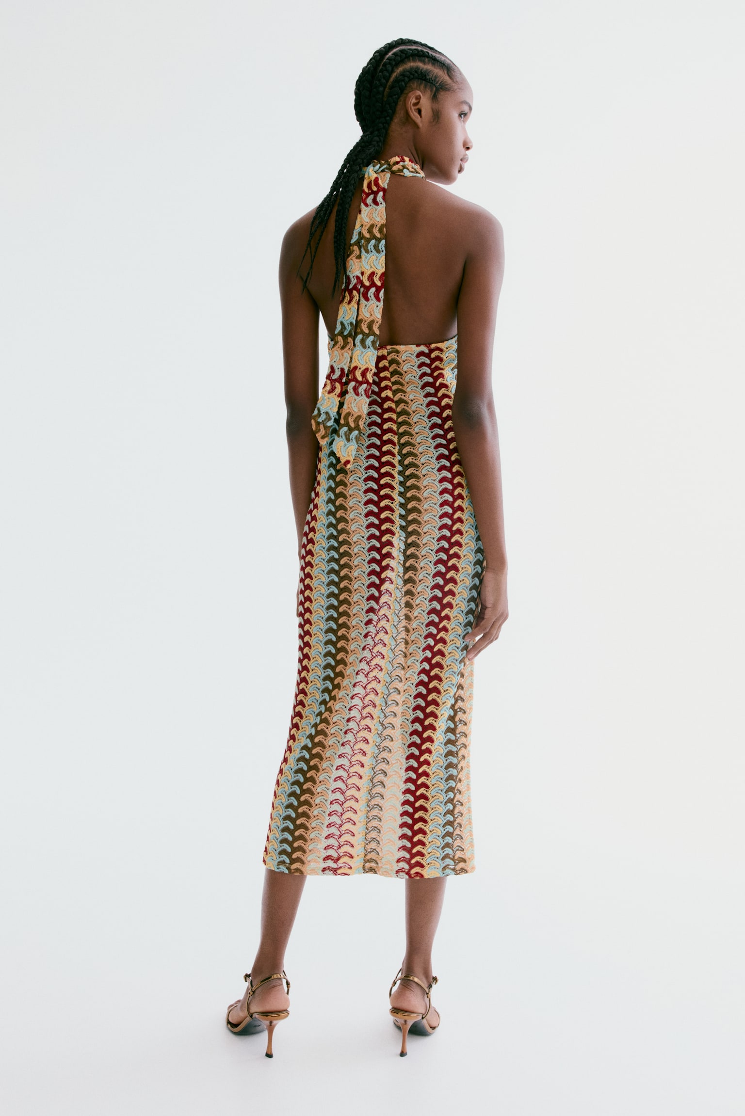 Crochet-look halterneck dress - Light blue/Multi striped - 4