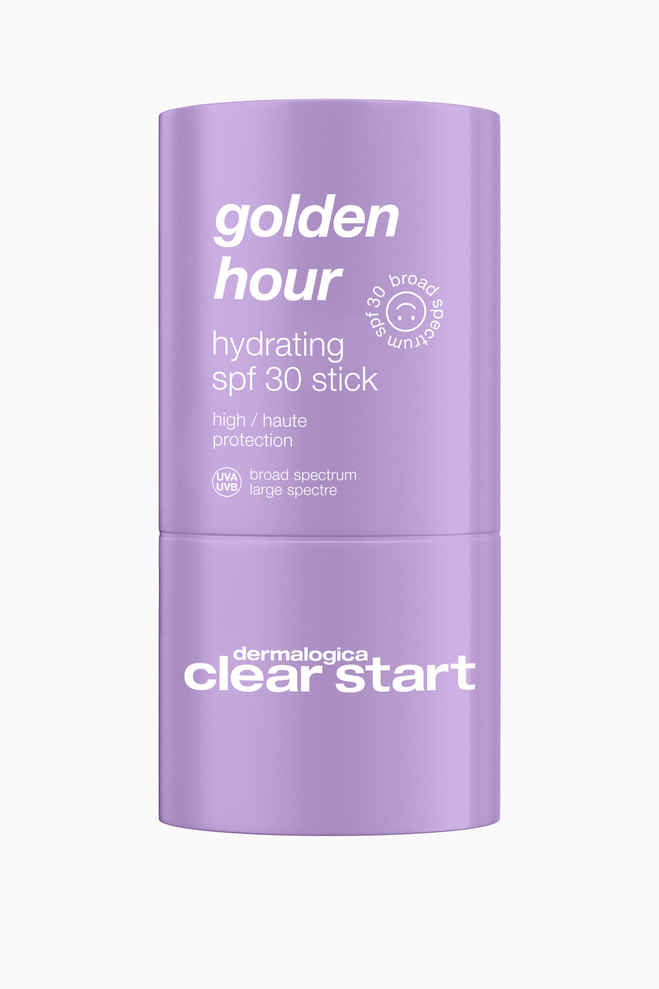 Visa större bild: En Golden Hour Hydrating SPF 30 Stick står upprätt och visar sin cylindriska, ljuslila förpackning från en frontvänd vinkel. På den övre korken visas vit text med ”golden hour hydrating spf 30 stick” tillsammans med ett cirkulärt SPF 30-emblem, medan basen har logotypen ”dermalogica clear start” i fet vit text.