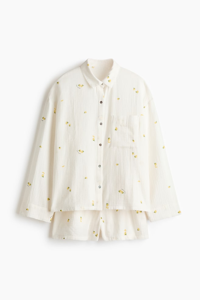Pyjama shirt and shorts - White/Lemons/Cream/Floral/Dark blue/Cream/Floral/Light pink/Dark brown/Cream/Polka dot/Light dusty blue/Dusty brown/Light dusty pink/Dark grey/Light pink/Hearts/Black/Pale yellow - 1