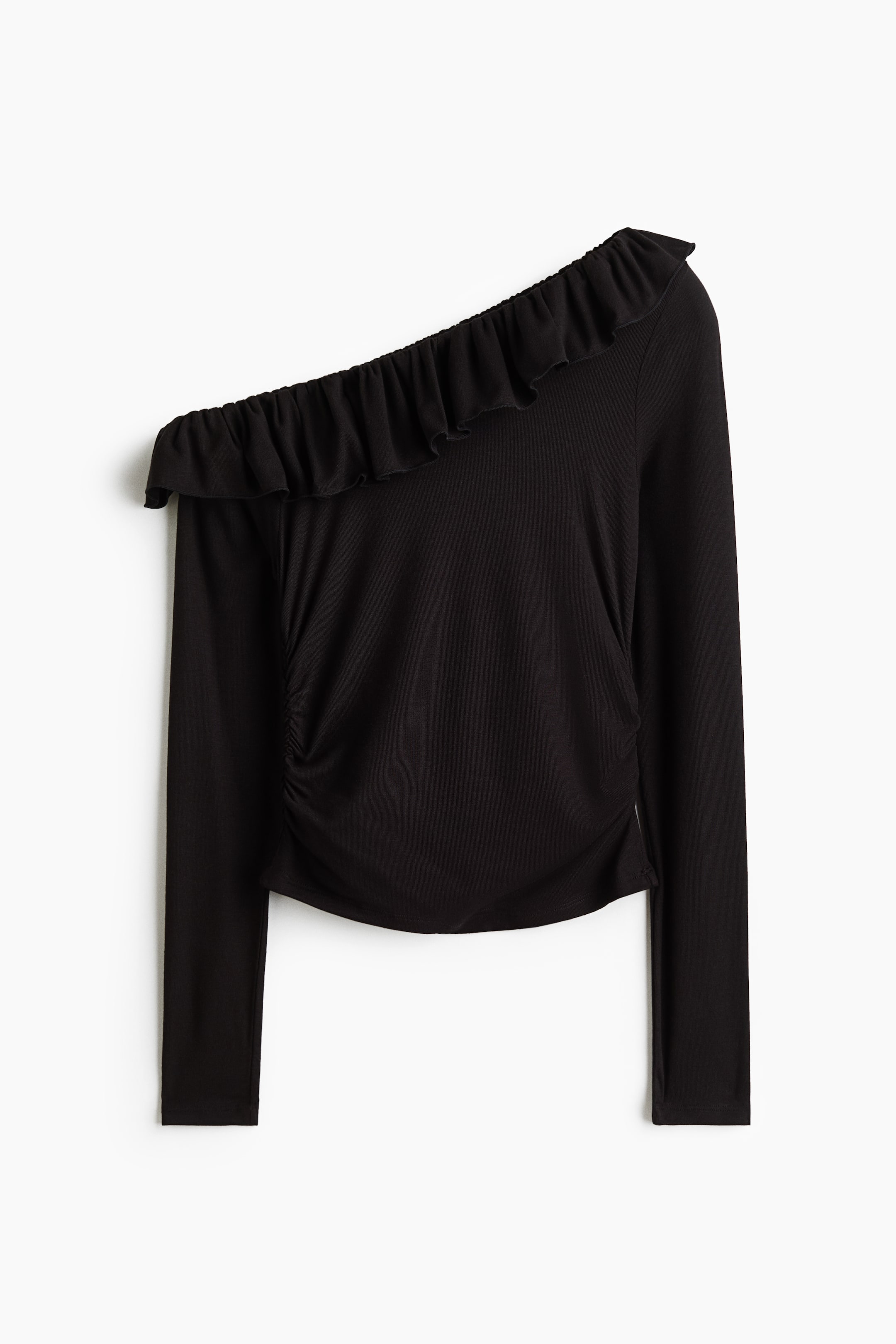 View larger image: A black one-shoulder top is presenting FRONT, featuring a ruffled trim along the one-shoulder neckline. 