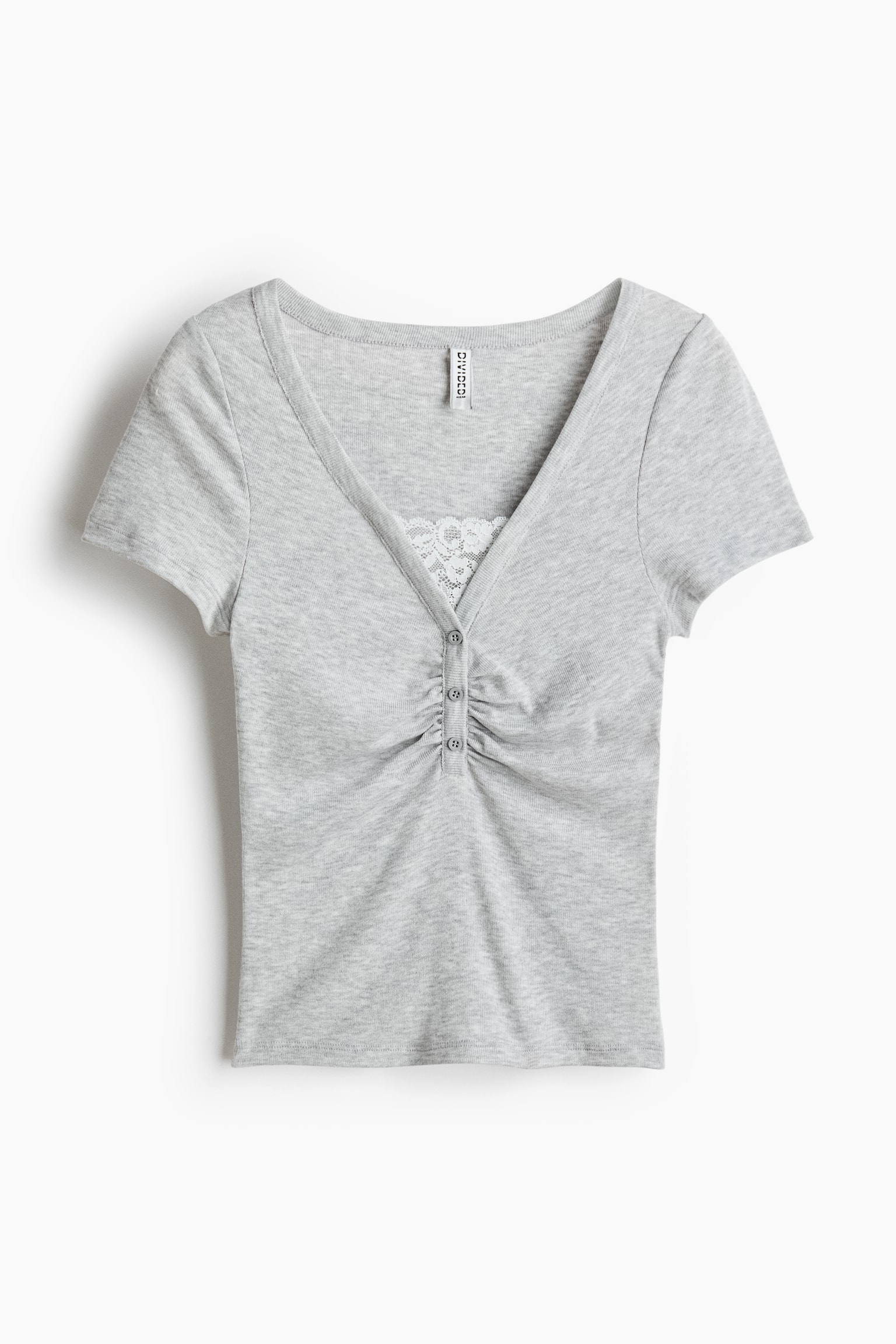 Lace-Detail Top - Light gray melange/Dark taupe - 1