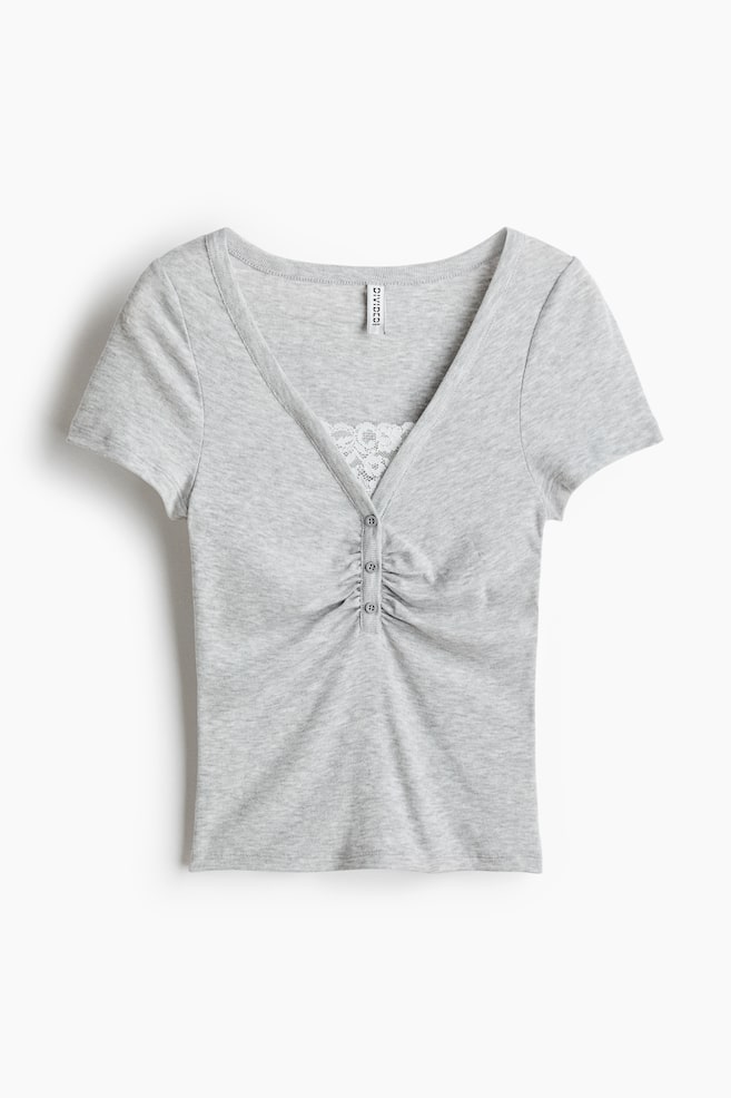 Lace-Detail Top - Light gray melange/Dark taupe - 1