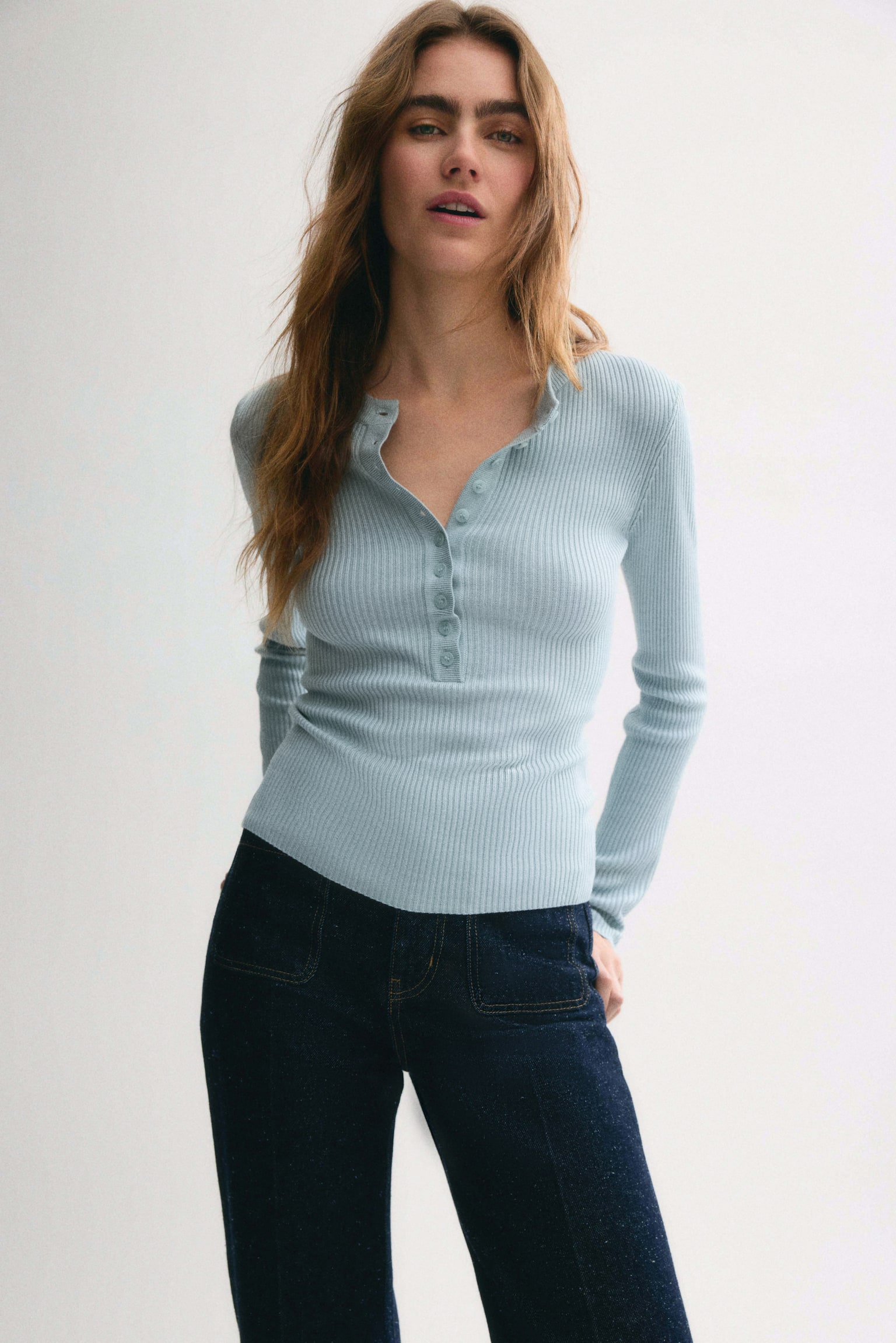 Rib-knit top - Light turquoise/Light brown - 3