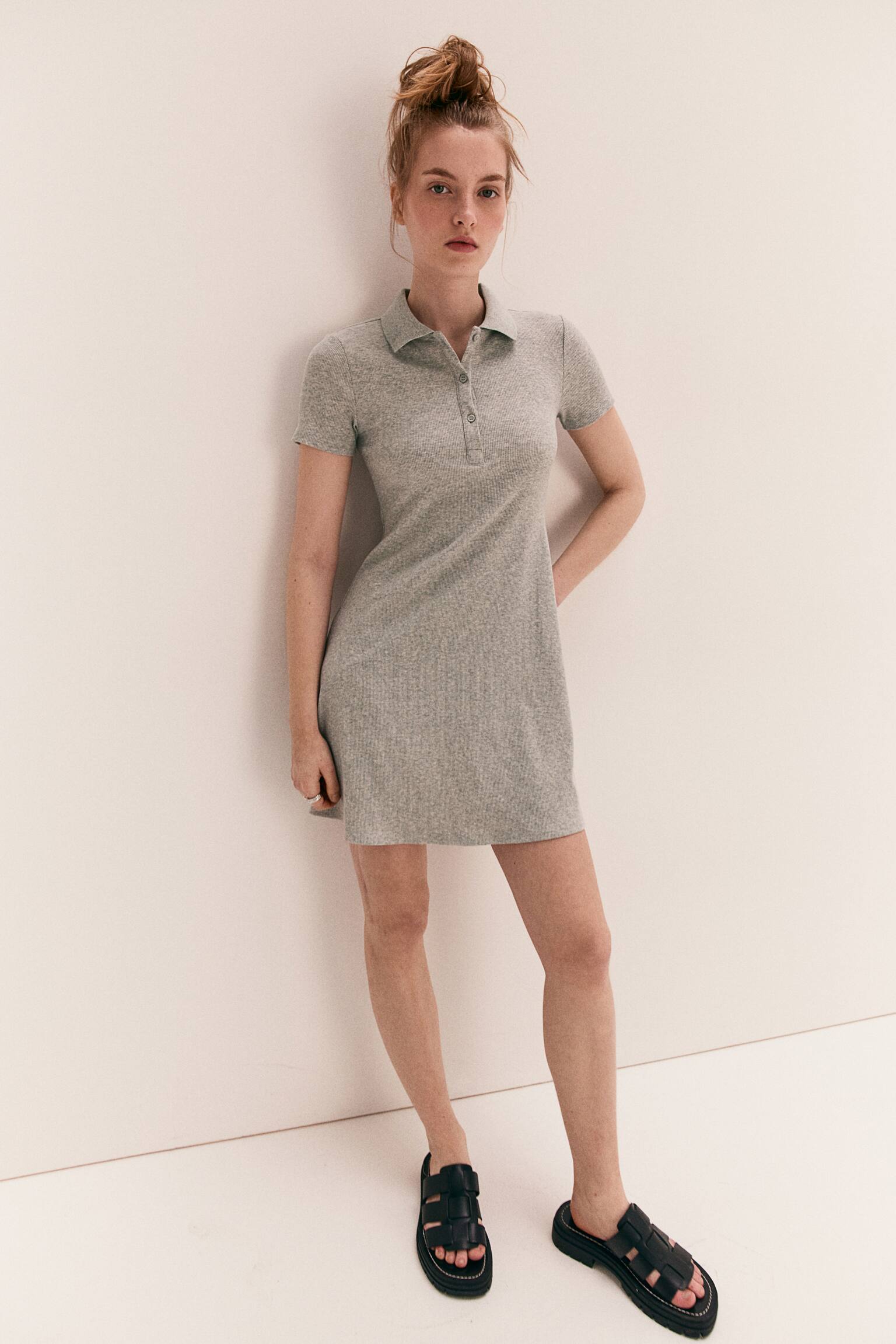 Collared ribbed dress - Grey marl/Cream/Black - 3