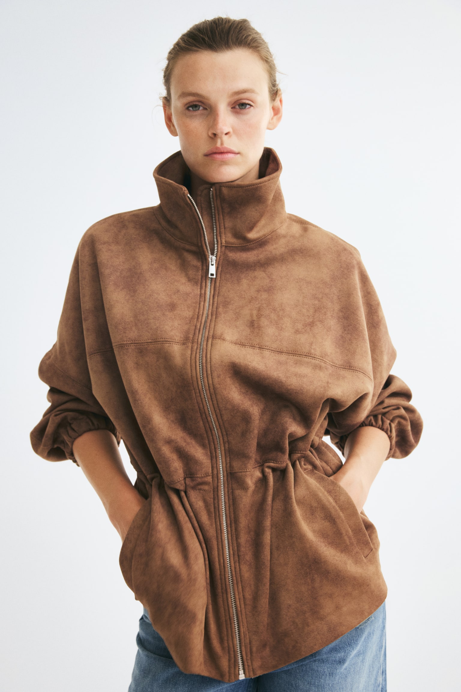 Oversized drawstring-waist jacket - Brown - 1