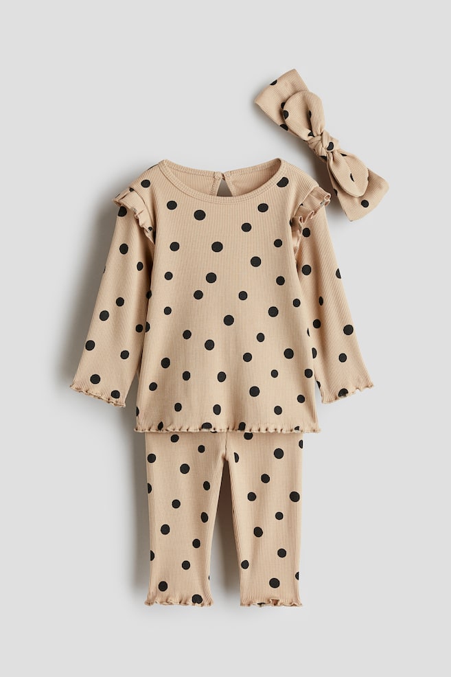 3-piece ribbed cotton set - Beige/Spotted/Beige/Bows - 1