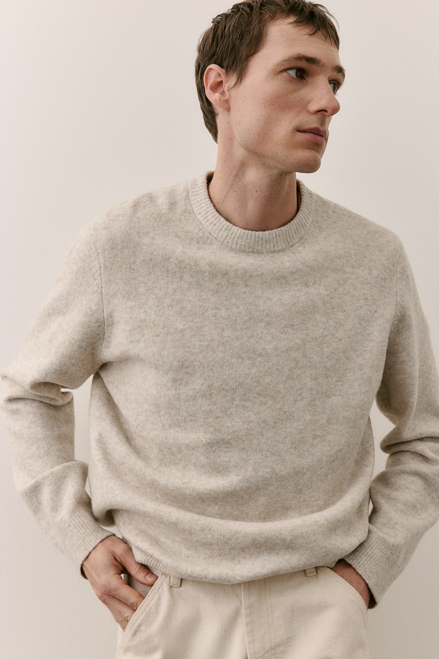 Regular Fit Fine-knit jumper - Light beige marl/Brown - 4