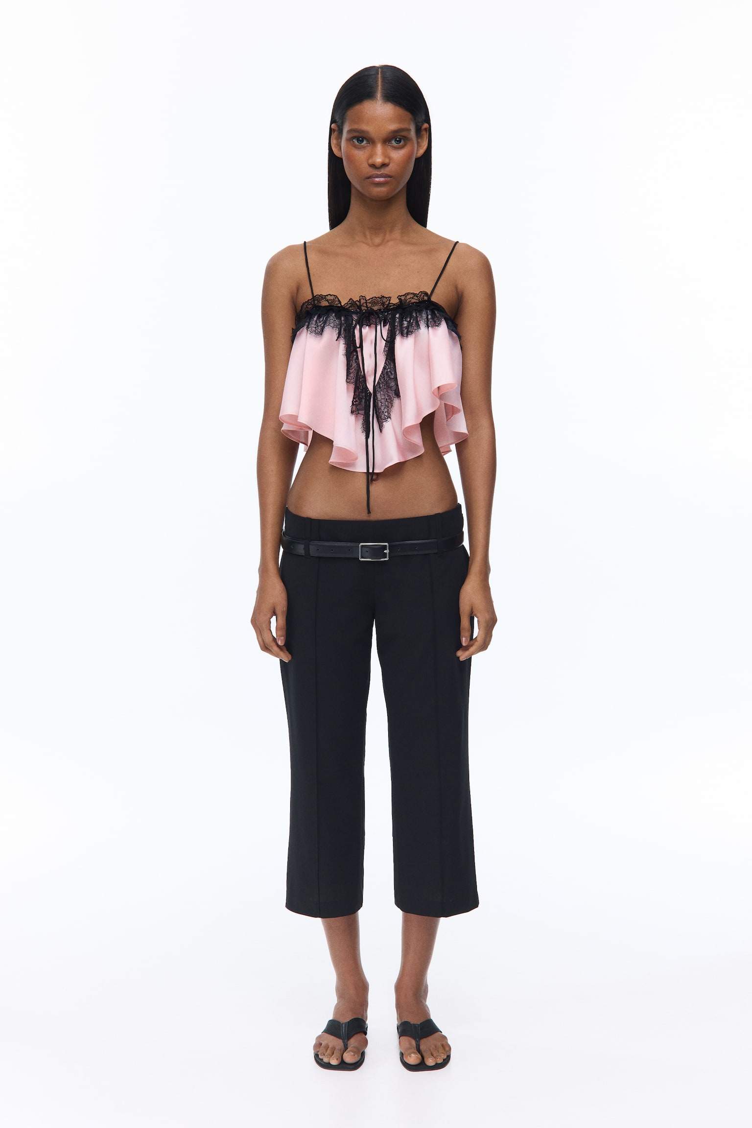 Lace-trimmed satin crop top - Light pink/Black - 1