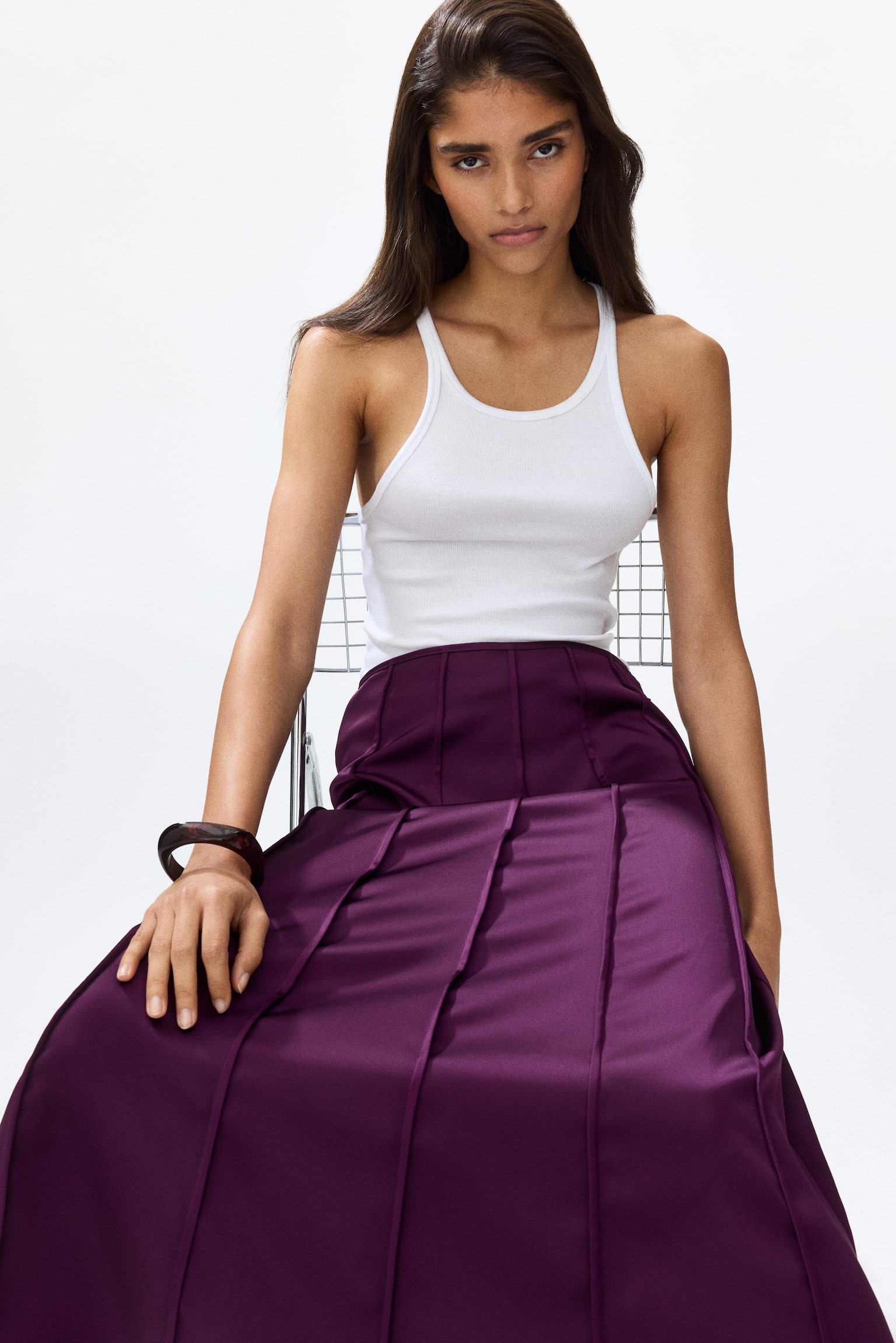Flared Satin Skirt - Dark purple/Light beige - 1