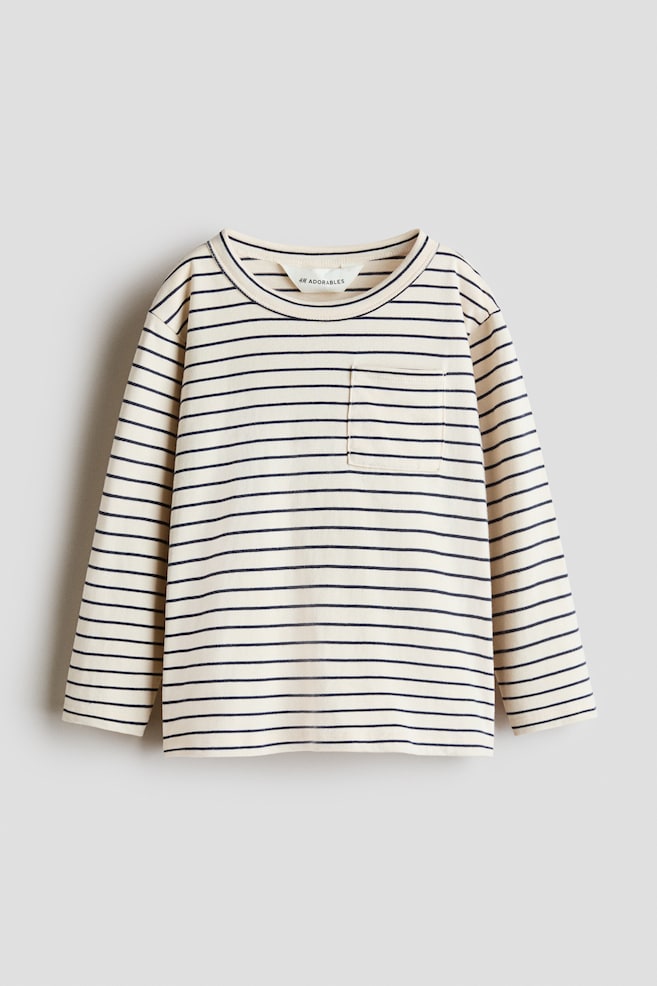 Long-Sleeved Cotton Top - Light beige/striped - 1