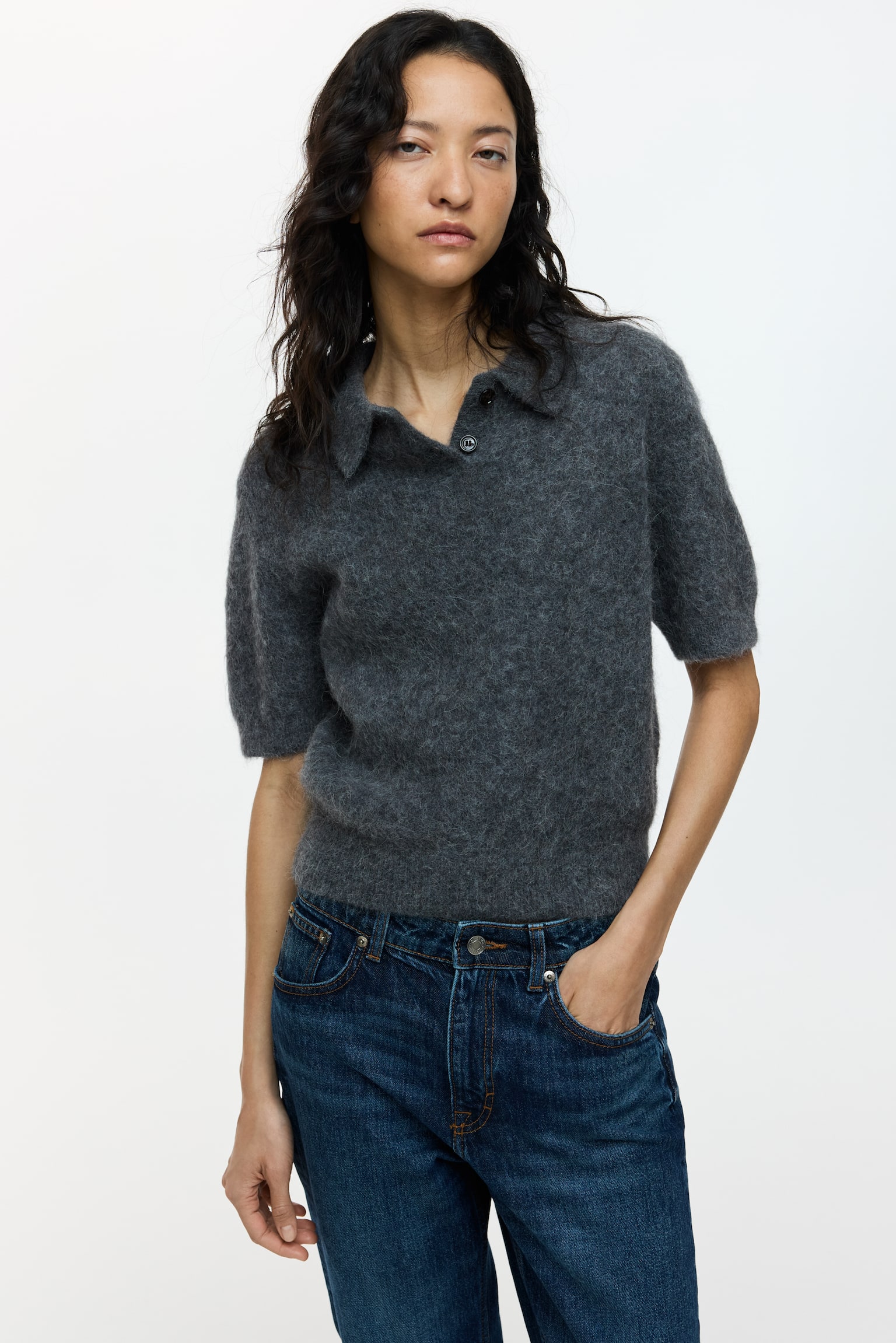 Alpaca-blend polo shirt - Dark grey marl/Light beige/Dark brown - 5