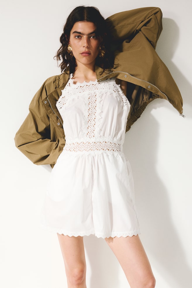 Lace-Detail Cotton Romper - White - 3