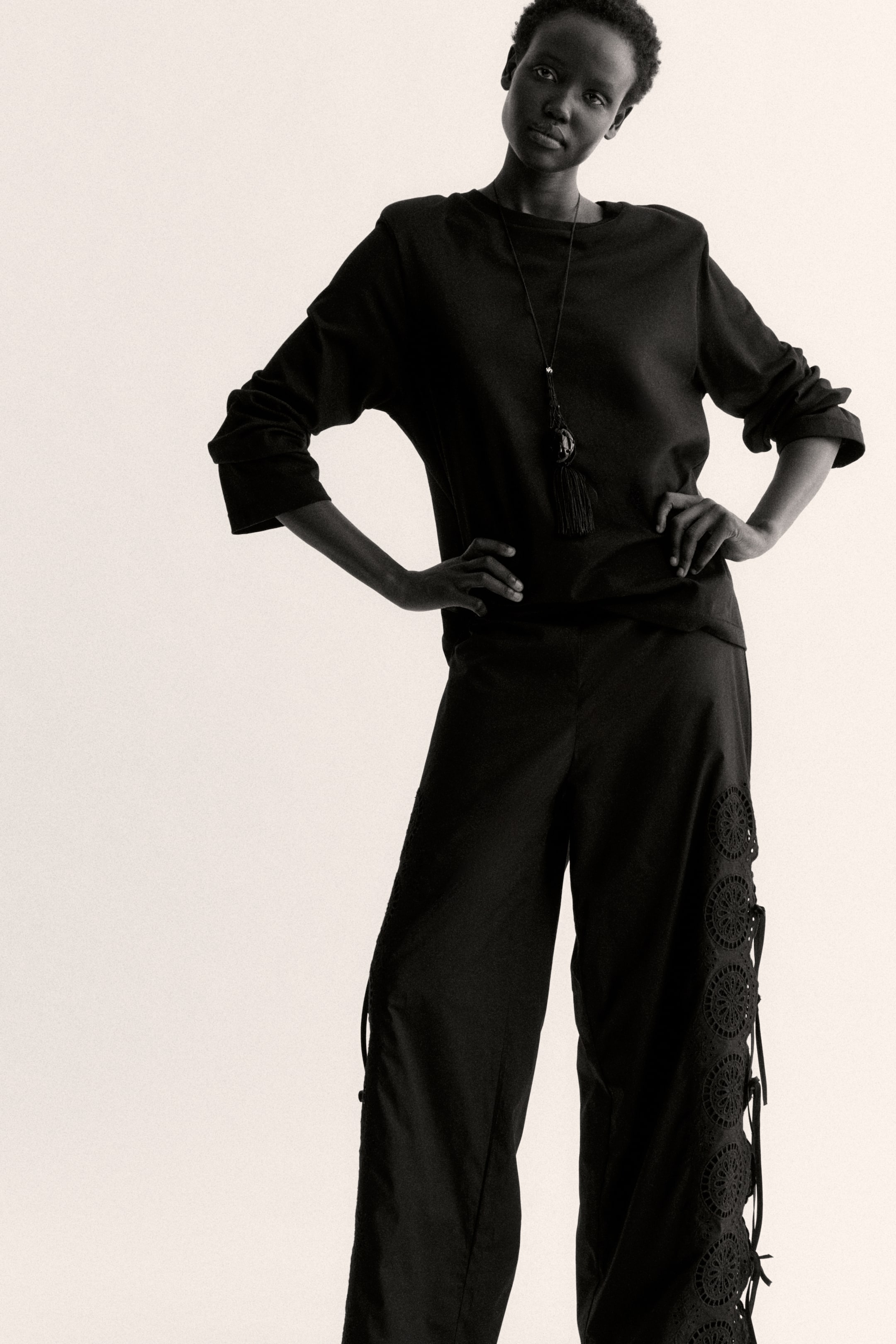 Tie-Detail Pants with Eyelet Embroidery