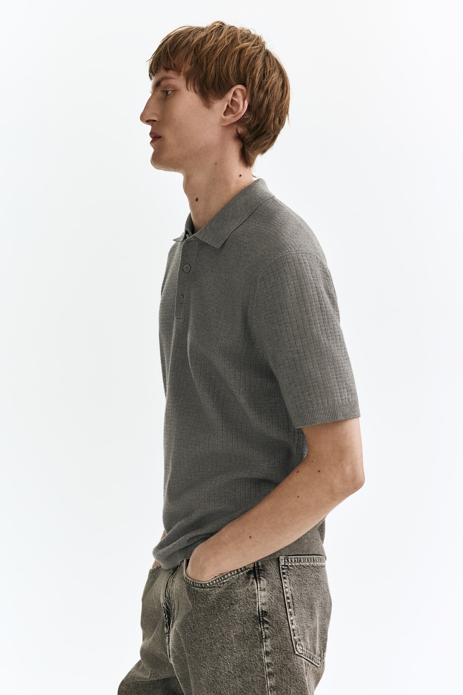 חולצת פולו מסריג עם טקסטורה Regular Fit - אפור - 3