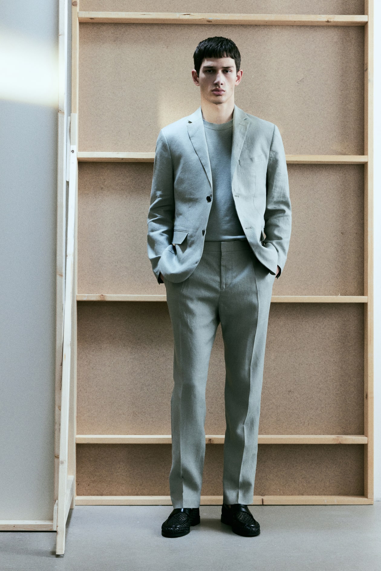 Pantaloni da completo in lino Slim Fit Verde chiaro UOMO H&M IT