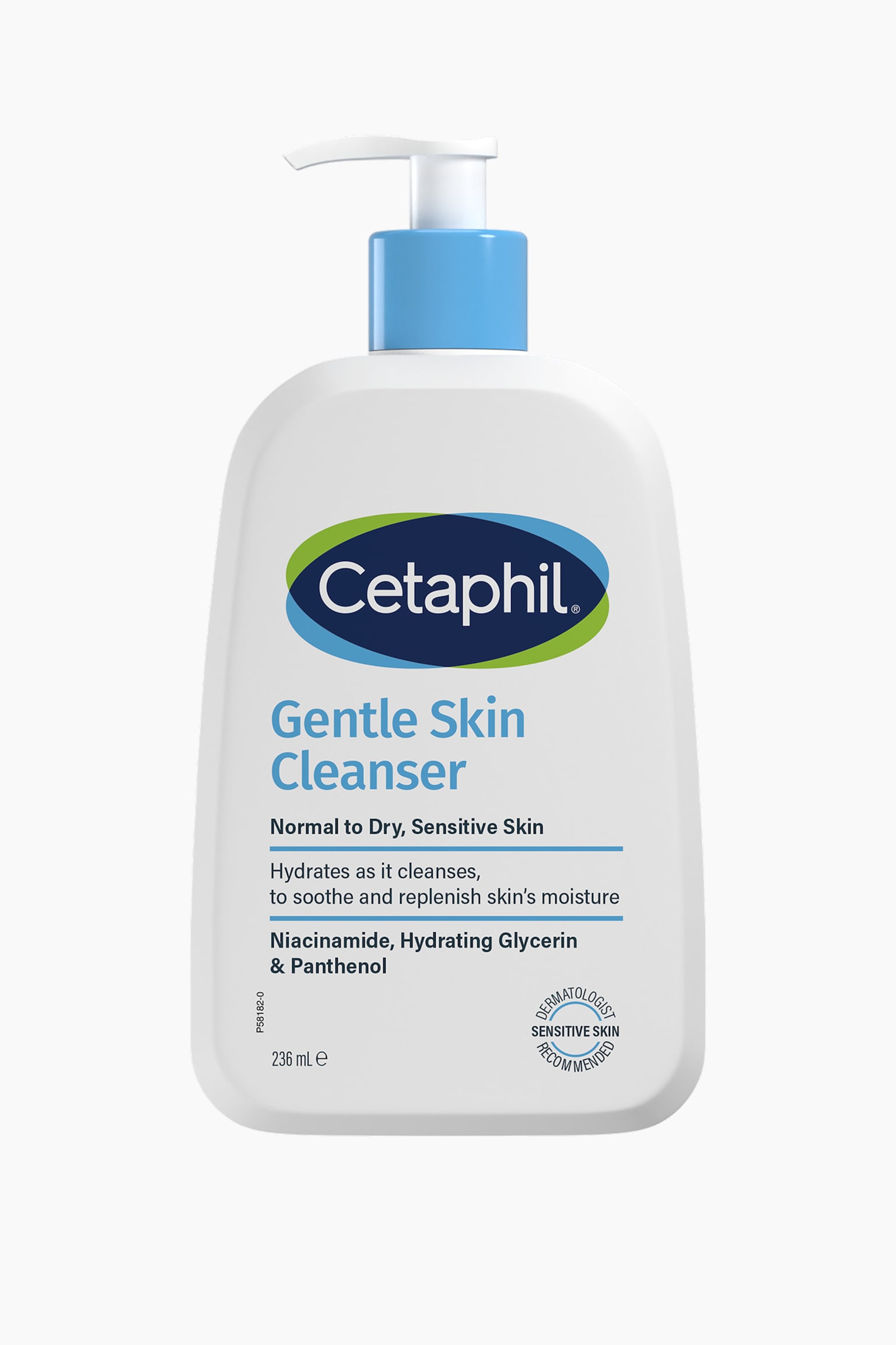En hvit plastflaske med Cetaphil Gentle Skin Cleanser stÃ¥r oppreist sett forfra, med en hvit pumpedispenser og en blÃ¥ krage. Frontetiketten viser den blÃ¥ og grÃ¸nne Cetaphil-logoen, sammen med tekst som identifiserer produktet som en mild hudrens formulert for normal til tÃ¸rr, sensitiv hud. - 1