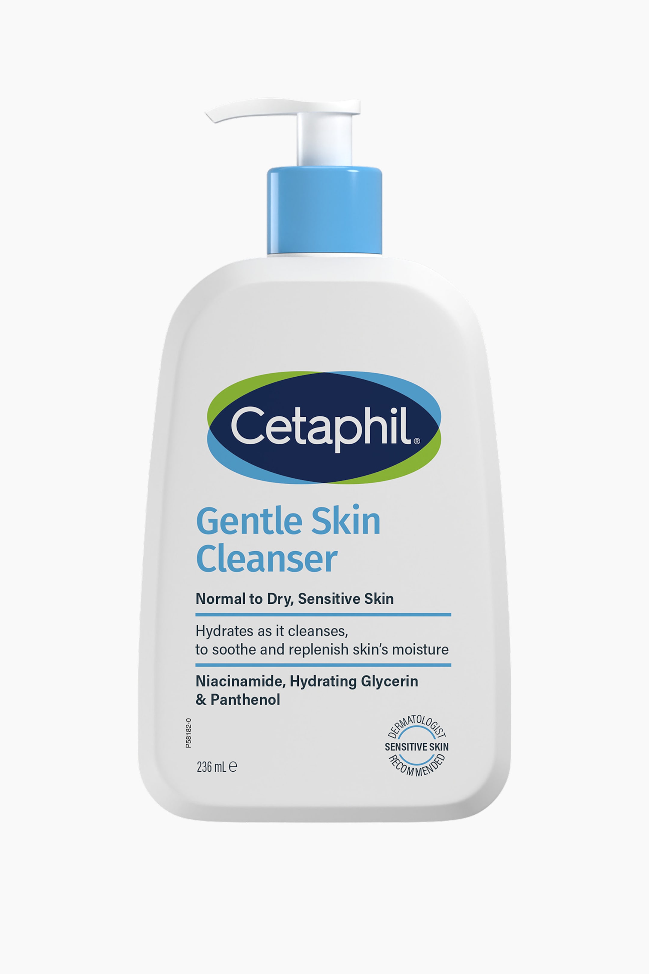 Visa större bild: En vit plastflaska med Cetaphil Gentle Skin Cleanser står upprätt i framifrån-vinkel och har en vit pumptopp med blå krage. På framsidesetiketten visas Cetaphils blå och gröna logotyp tillsammans med text som identifierar produkten som en mild rengöring för normal till torr, känslig hud.