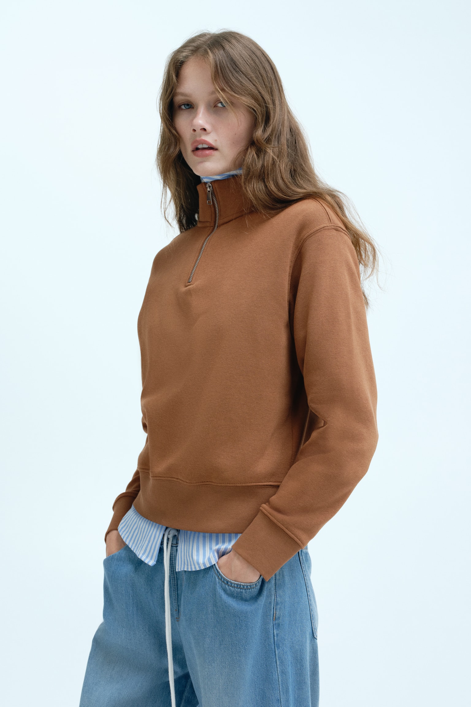 Zip-top sweatshirt - Brown/Navy blue/Light beige - 5
