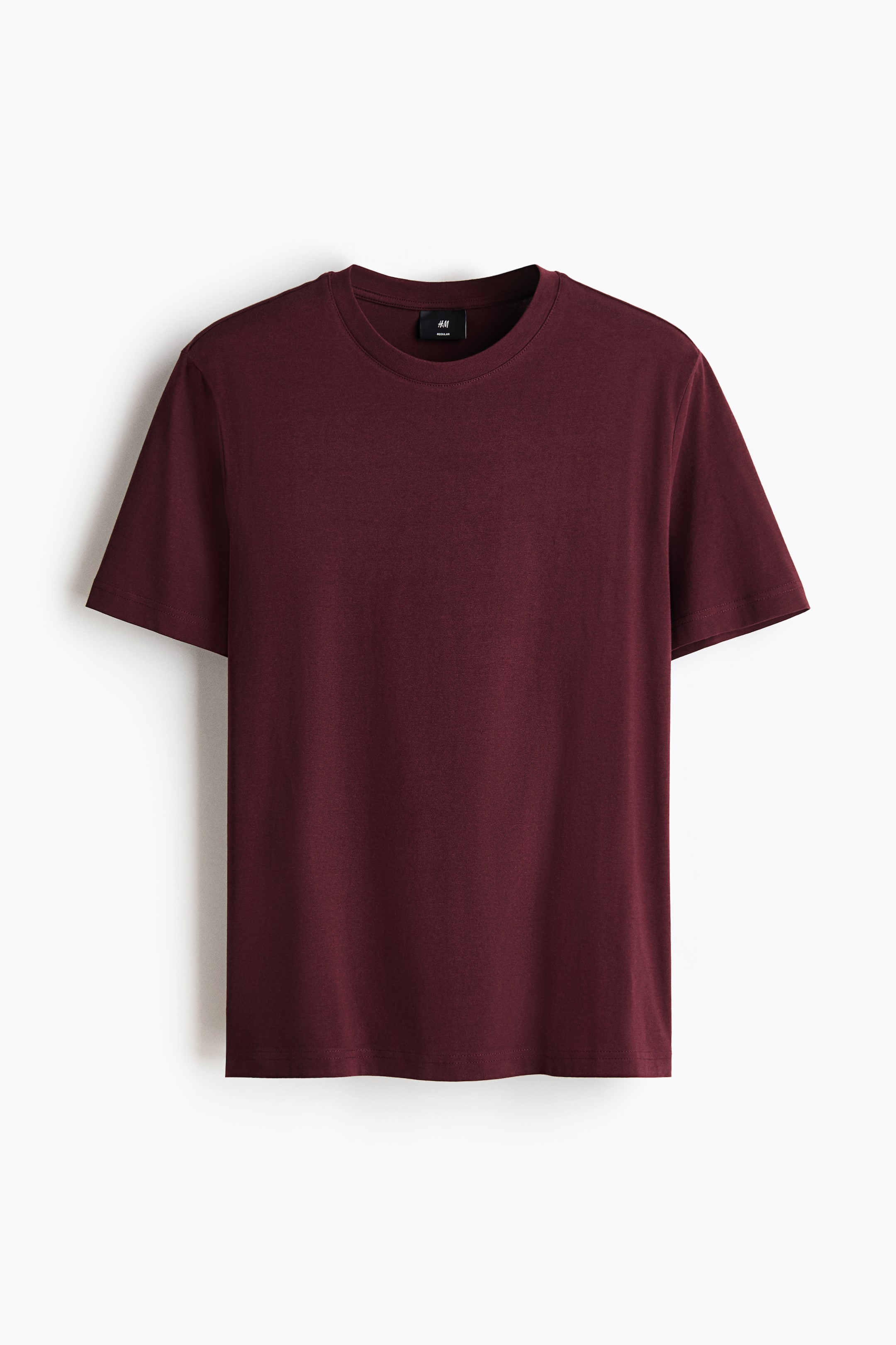 View larger image: A dark red T-shirt is presented FRONT, featuring a round, ribbed neckline, short sleeves, and a straight-cut hem. It displays a smooth jersey texture and a regular fit.
