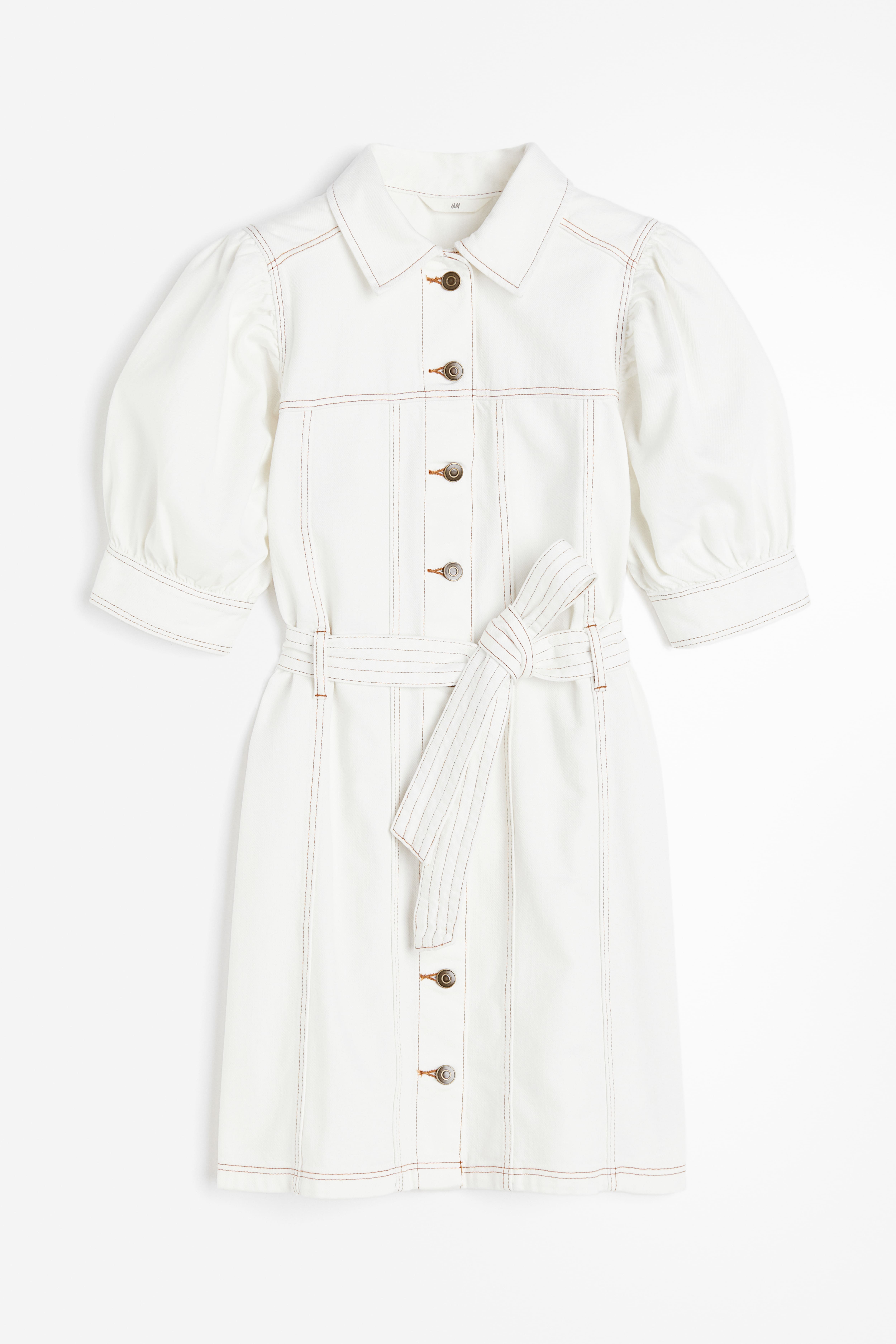 Puff-sleeved Denim Dress - Short sleeve - Short - White - Ladies | H&M US