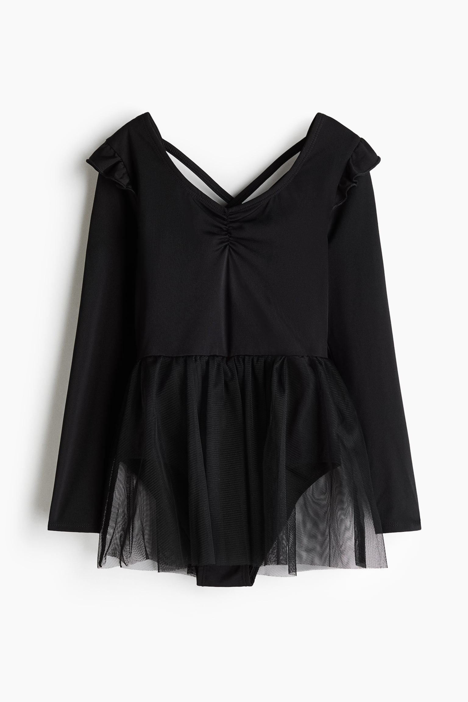 A black long-sleeved dance leotard is shown from the front, featuring ruffle details at the shoulders and a gathered sweetheart neckline. It has visible criss-cross back straps and an attached, sheer black tulle skirt layered over the leotard bottom. - 1