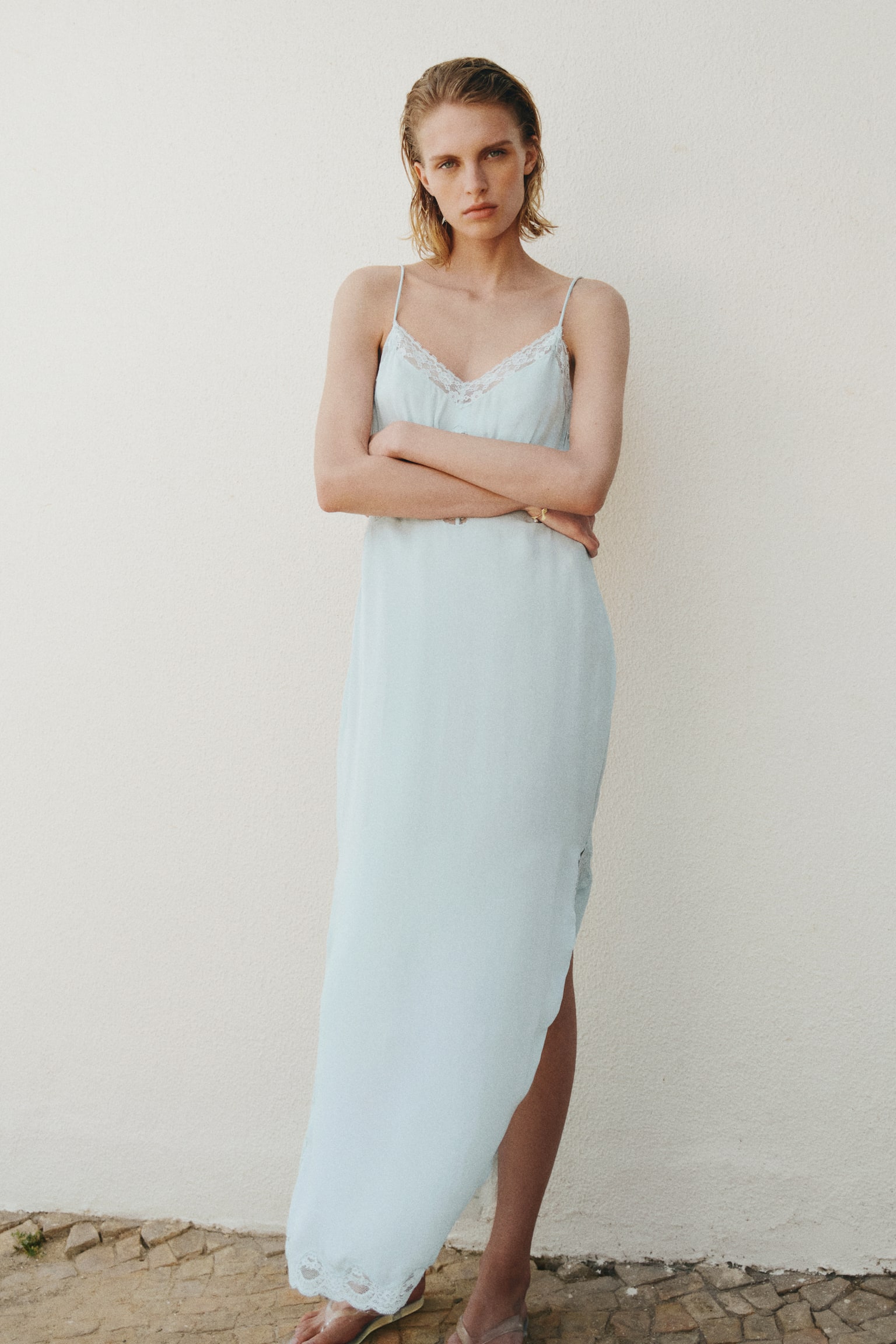 Lace-trimmed strappy dress - Light blue - 1