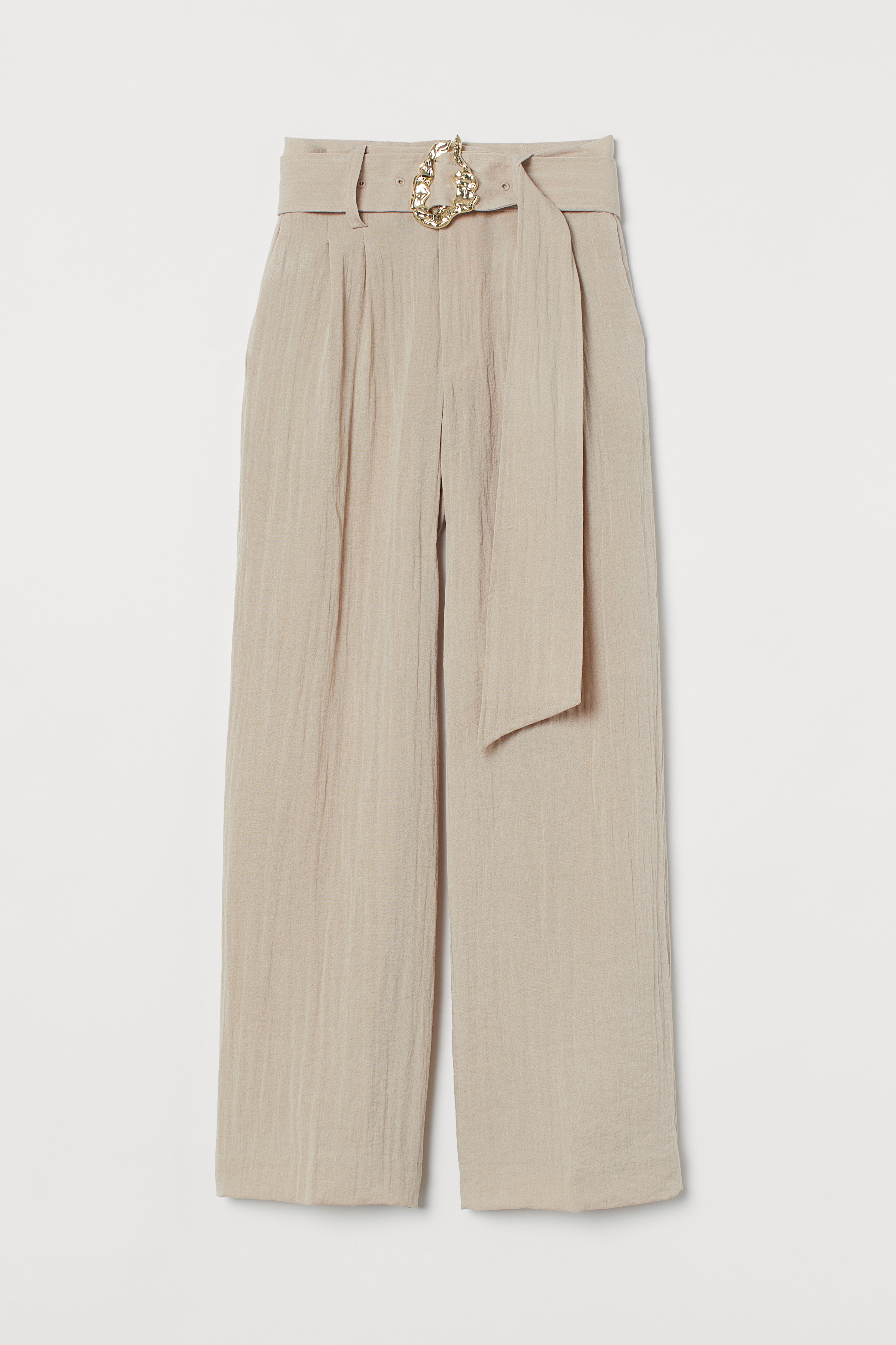 Wide Belted Pants - High waist - Long - Beige - Ladies | H&M US