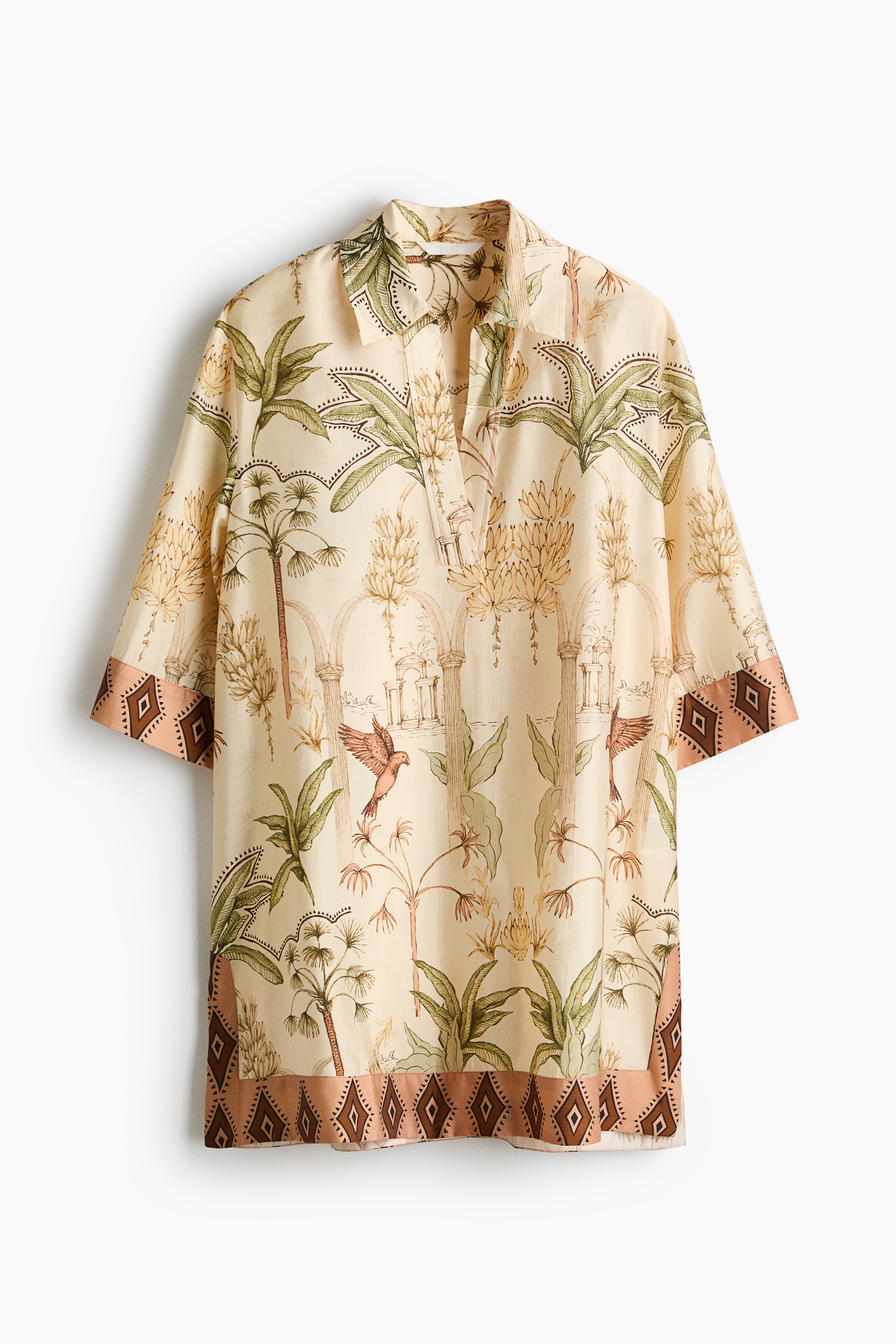Loose-fit tunic dress - Pale yellow/Plants