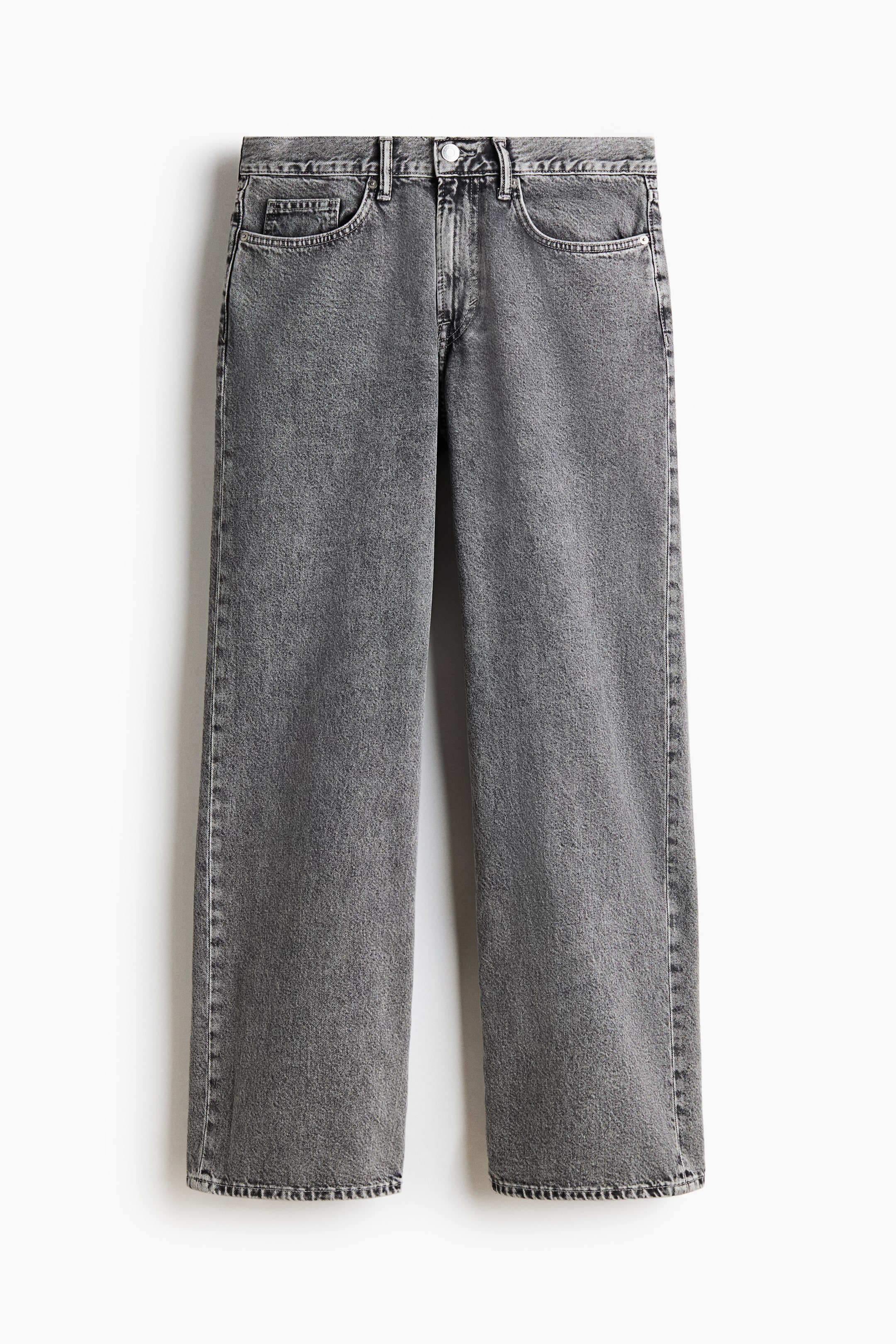 View larger image: A pair of 5-pocket jeans, made from grey-washed rigid cotton denim, is shown from the FRONT. The jeans feature a regular waist, a button fly, two front pockets and a small coin pocket, and present a straight leg with a relaxed fit from the seat to the hem, providing extra room from the thigh down.