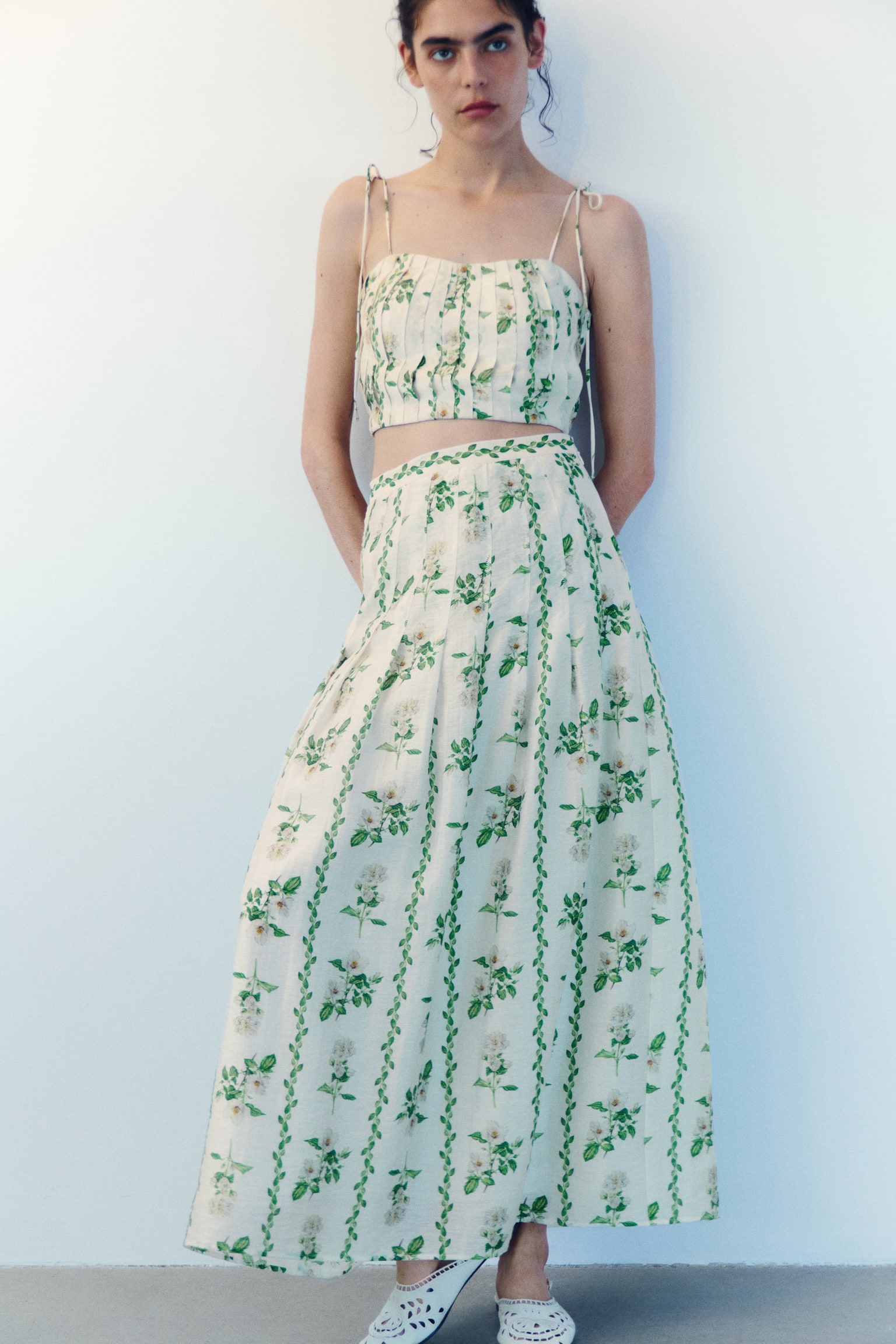 Falda con vuelo en mezcla de lino - Marfil/Flores - 3