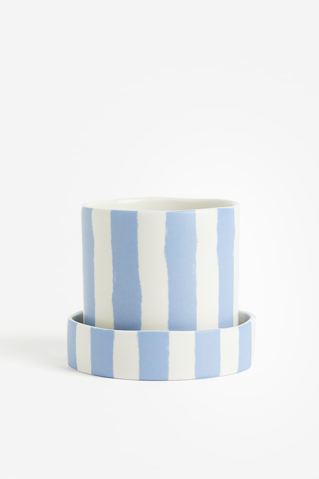 Patterned plant pot and saucer - Light blue/Striped - 1