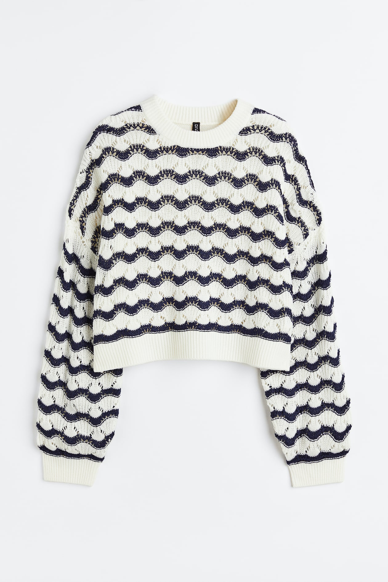 Pointelle-knit Sweater - Round Neck - Long sleeve - Cream/striped ...