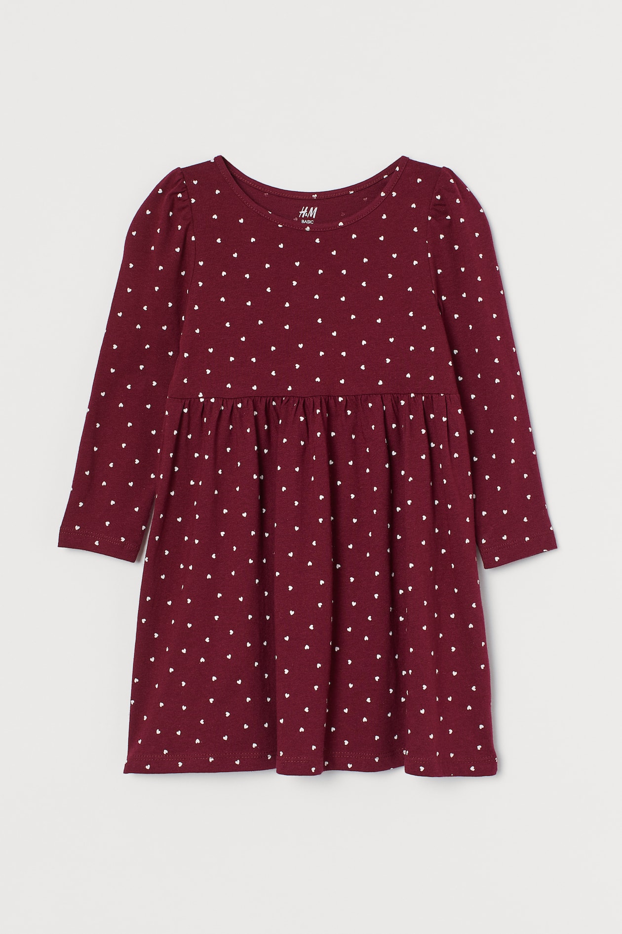 Patterned Jersey Dress - Round Neck - Long sleeve - Dark red/hearts ...