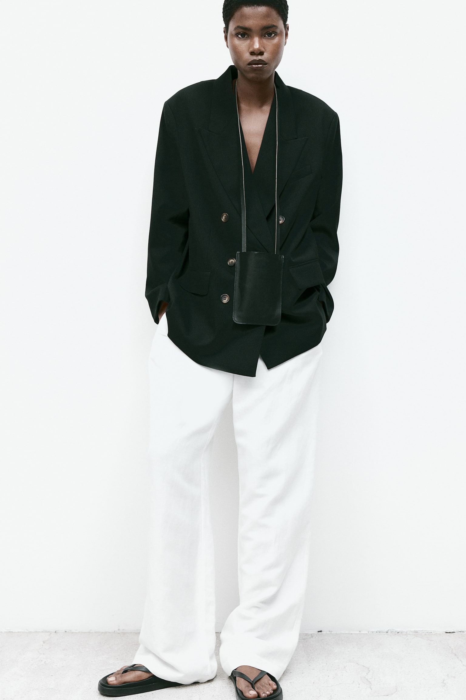 Oversized Double Breasted Blazer - Black/Beige - 1