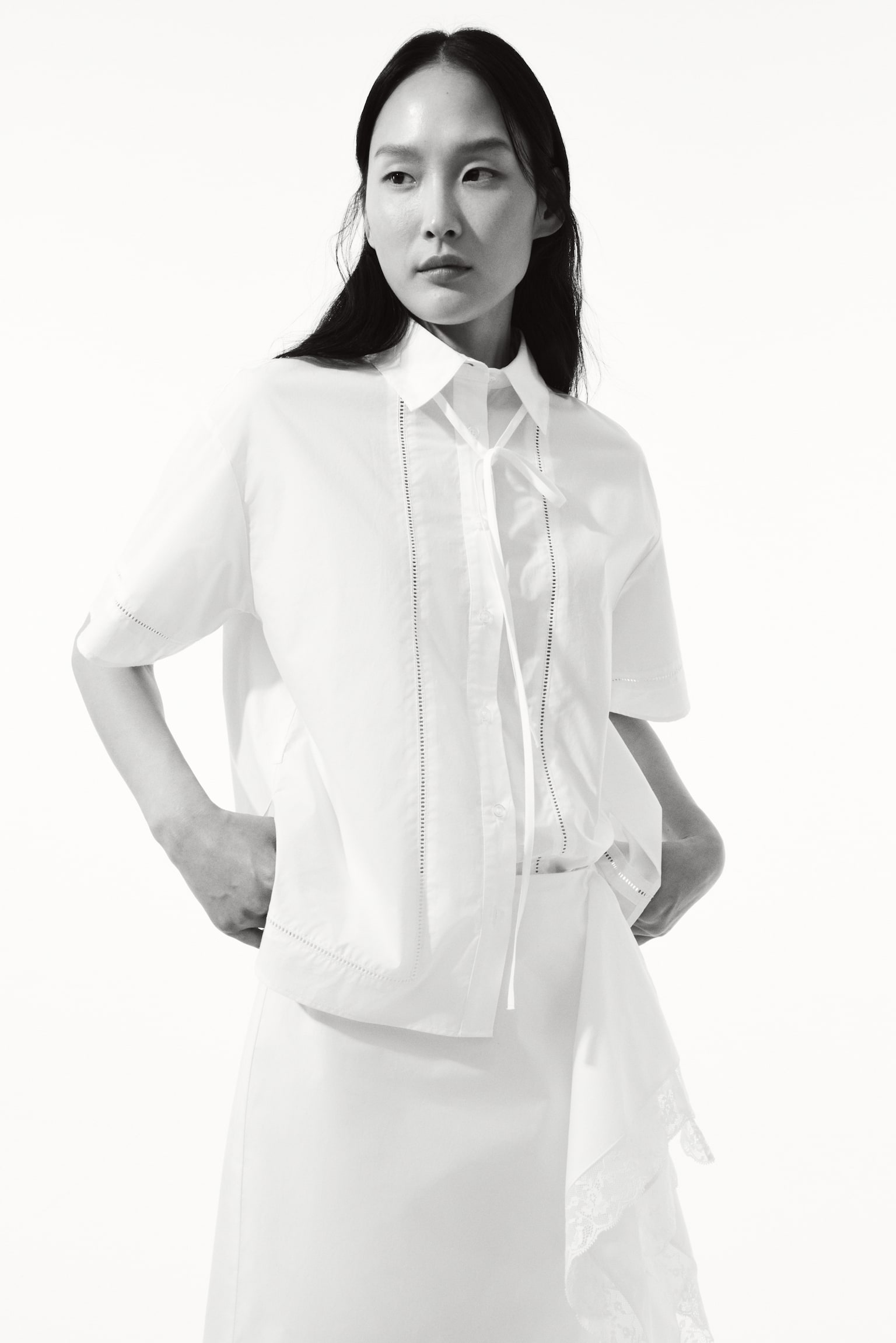 Tie-Detail Cotton Shirt - White/Black - 1