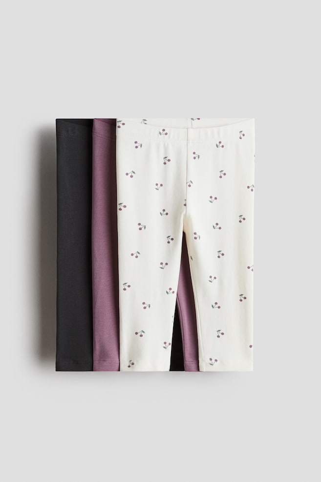 3-pack Cotton Jersey Leggings - Purple/cherries/Light blue/dinosaurs/Light blue/trains/Dark gray/animals/Red/hearts/Light purple/floral/Beige/dogs - 1