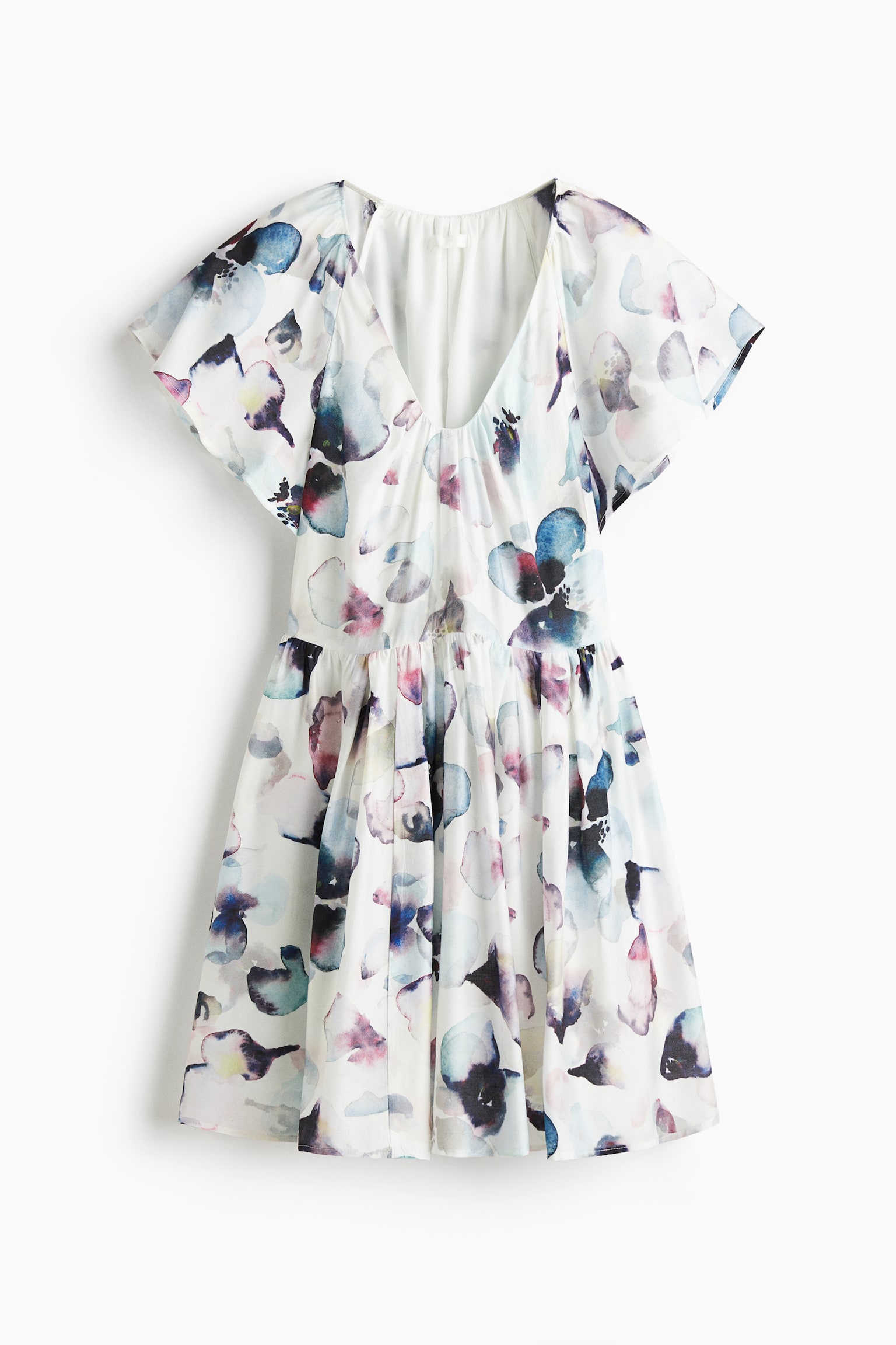 Dress with Flared Skirt - White/floral/Burgundy/Beige