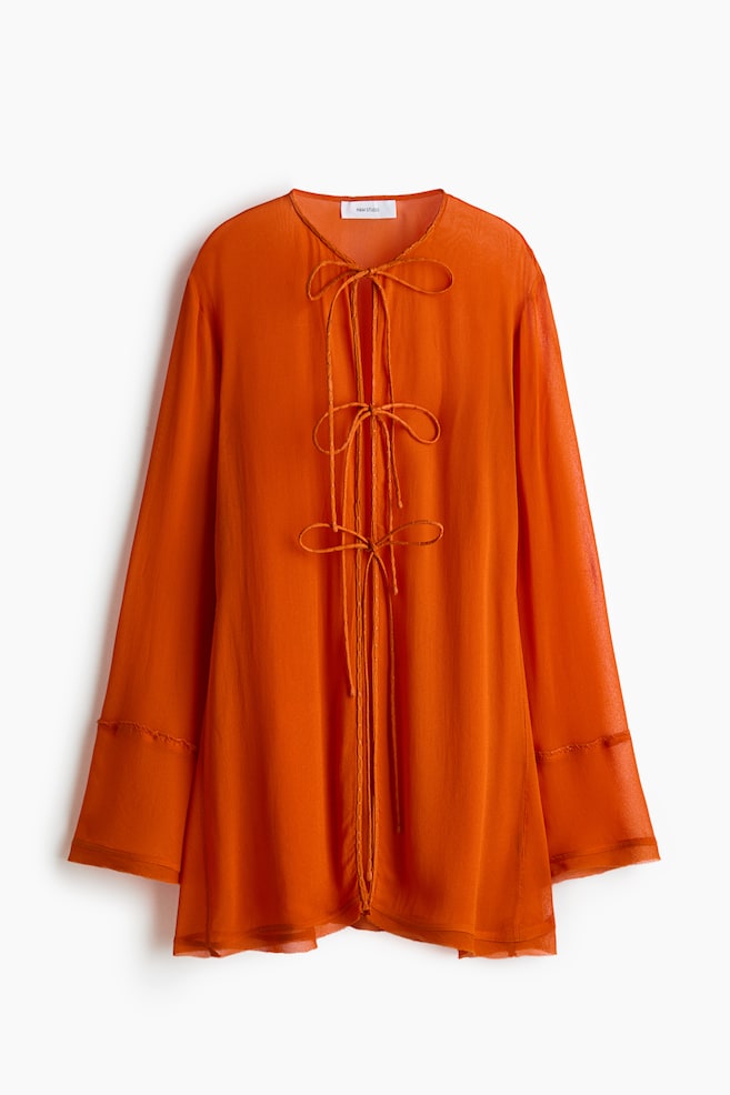 Sheer Tie-Front Blouse - Orange - 1