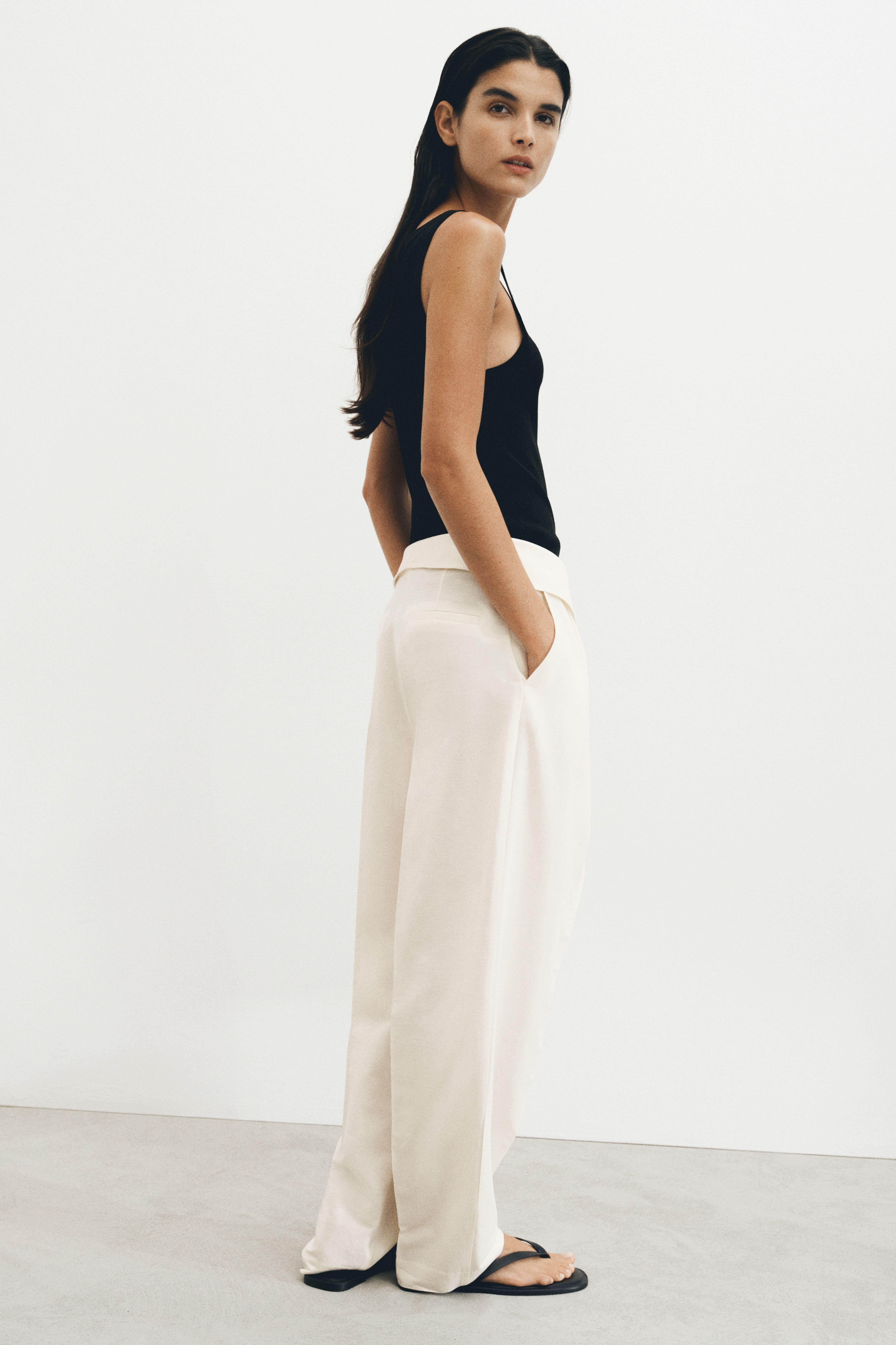 Foldover-Waist Linen-Blend Pants