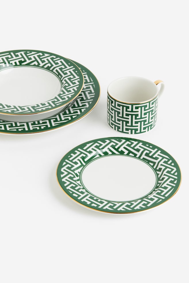 Dyb tallerken i porcelæn - Grøn/Mønstret/Hvid/Sort/Mønstret - 2