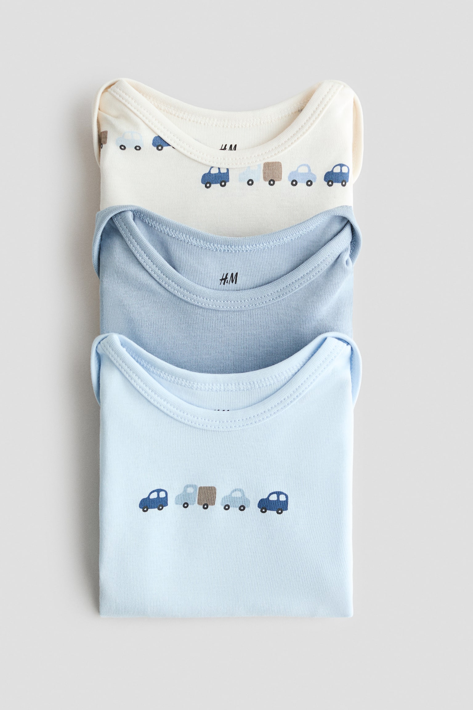 3-pack cotton envelope-neck bodysuits - Light blue/Vehicles/Green/Animals/Light beige/Pandas/Beige/Dogs/Pink/Floral - 2
