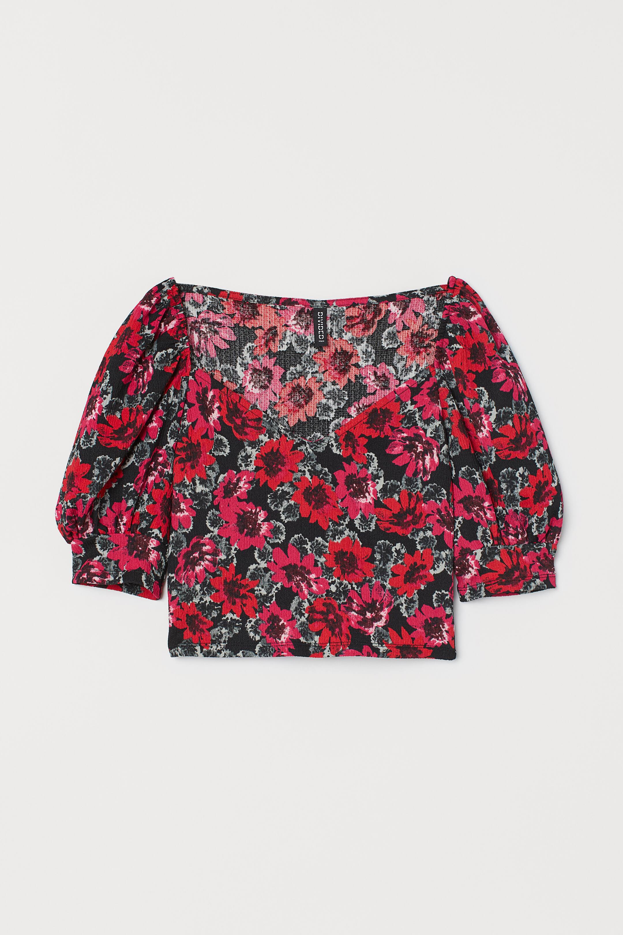 View larger image: Puff-sleeved top - Black/Pink floral - Ladies | H&M 1