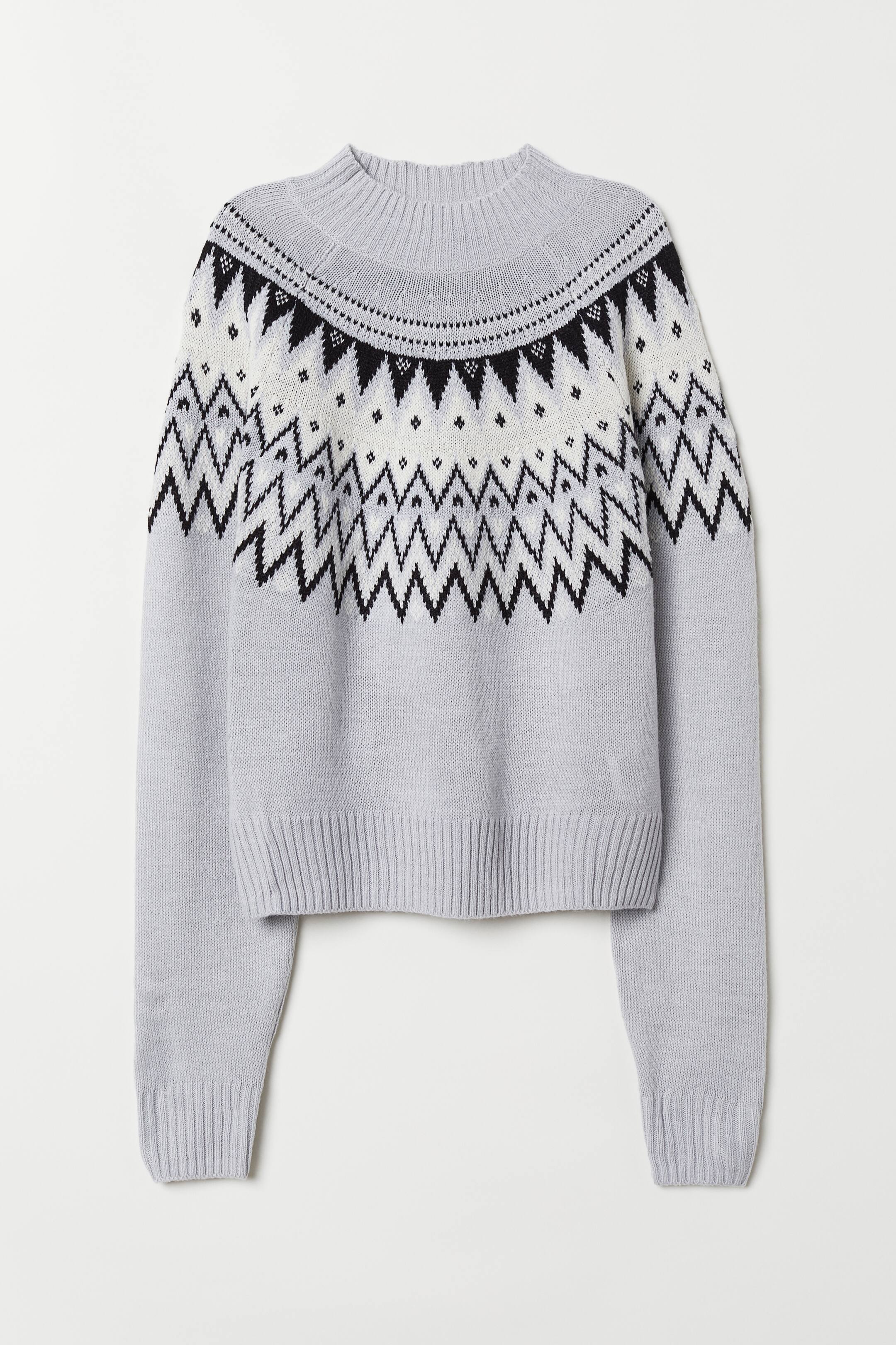 Jacquard-knit jumper - Polo-neck - Long sleeve - Light grey - Ladies ...