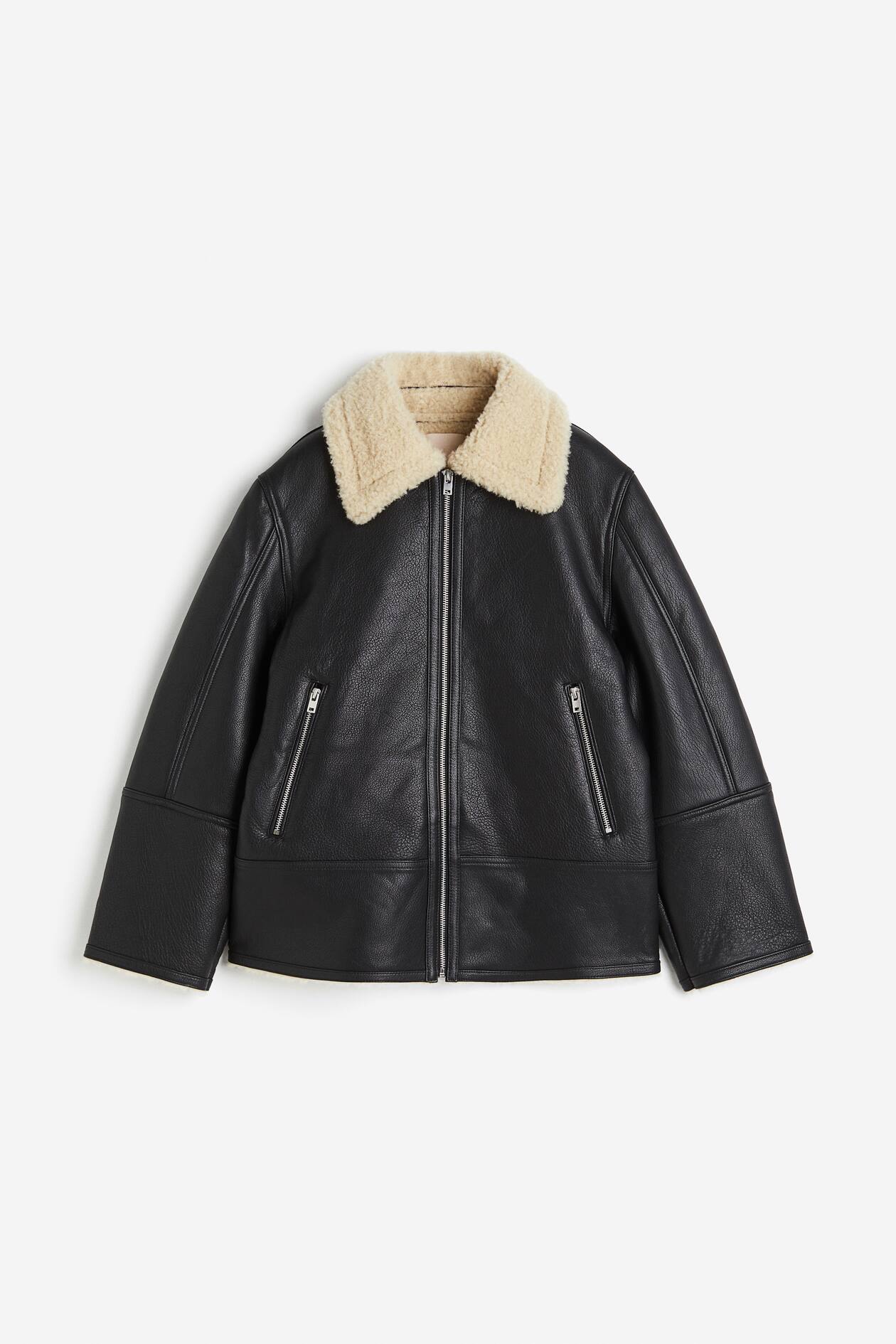 Teddy-lined leather jacket Black Ladies H&M IE