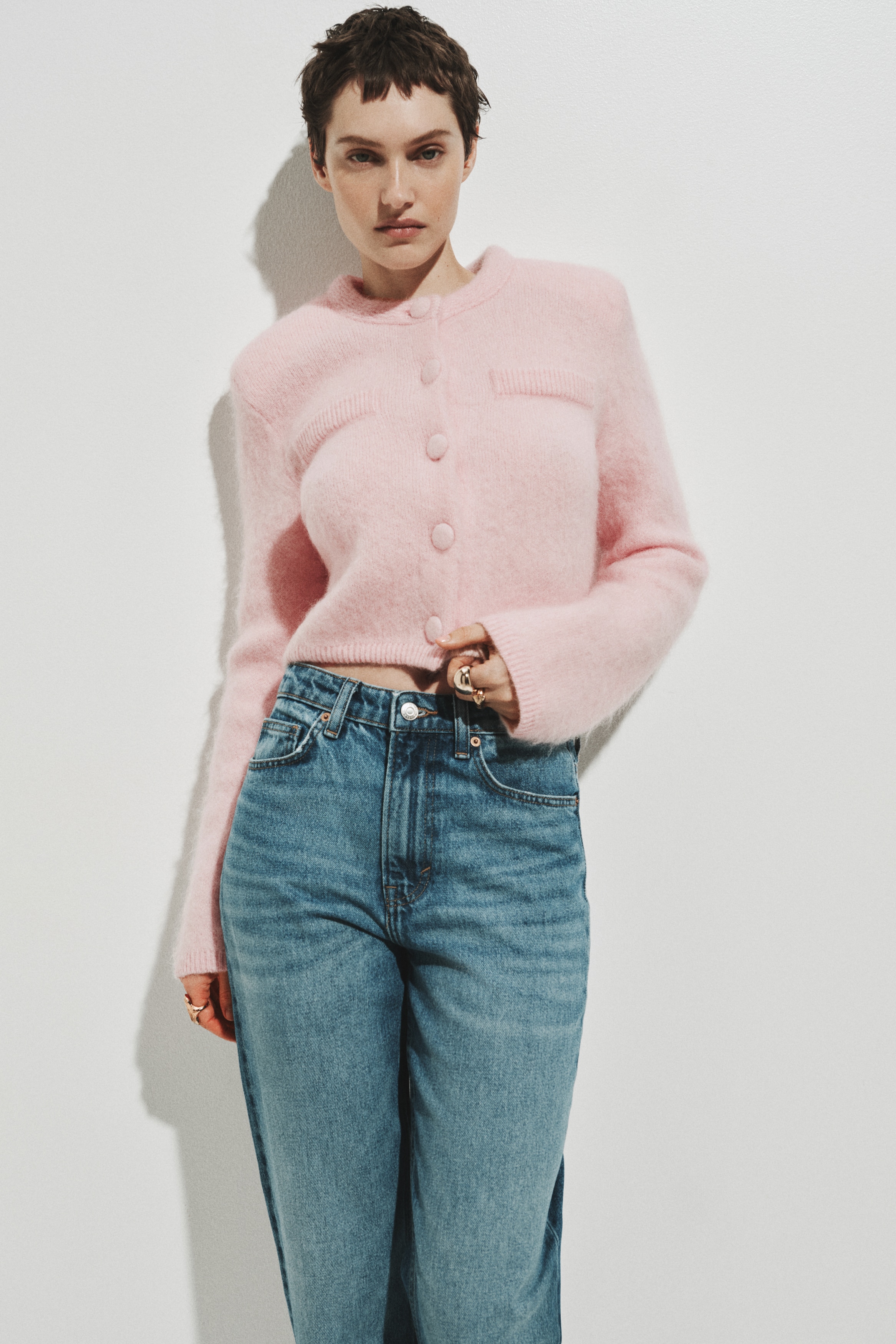Women's Light pink Mohair-Blend Cardigan with Shoulder Pads | H&M US