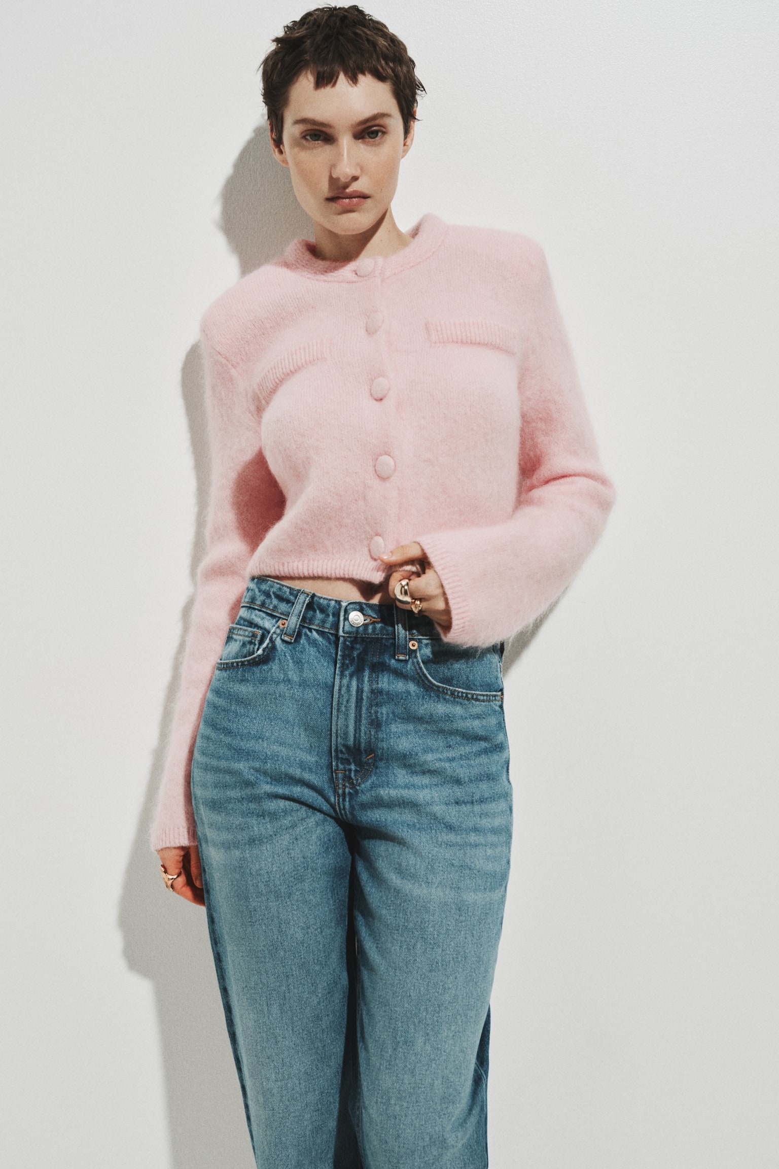 Mohair-blend shoulder-pad cardigan - Light pink/Light greige - 5